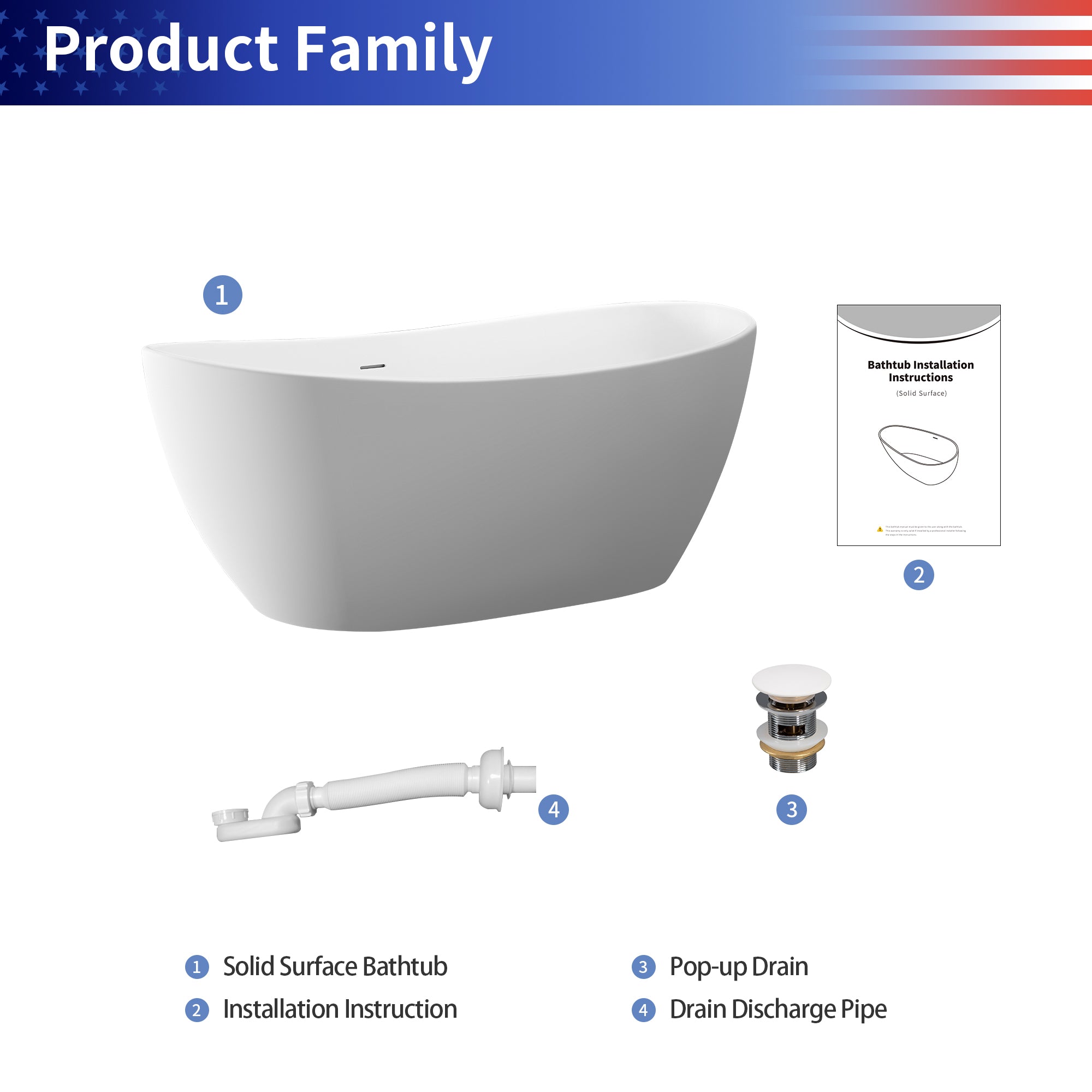 63" Freestanding Soaking Solid Surface Bathtub in White RX-S18-63