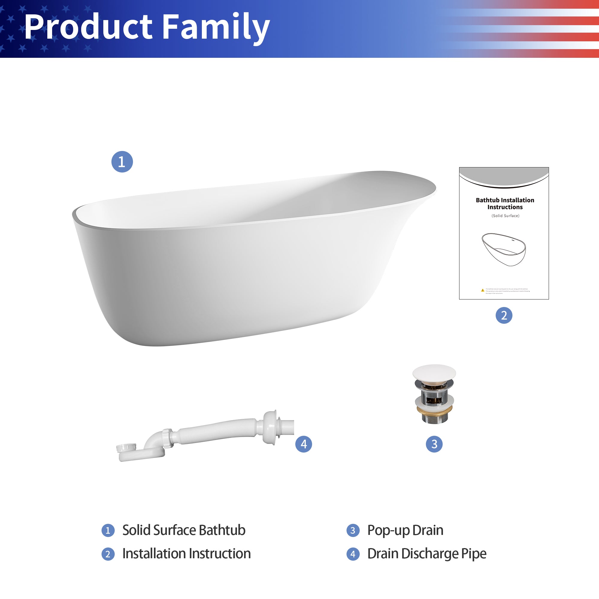 63" Freestanding Soaking Solid Surface Bathtub in White RX-S19-63