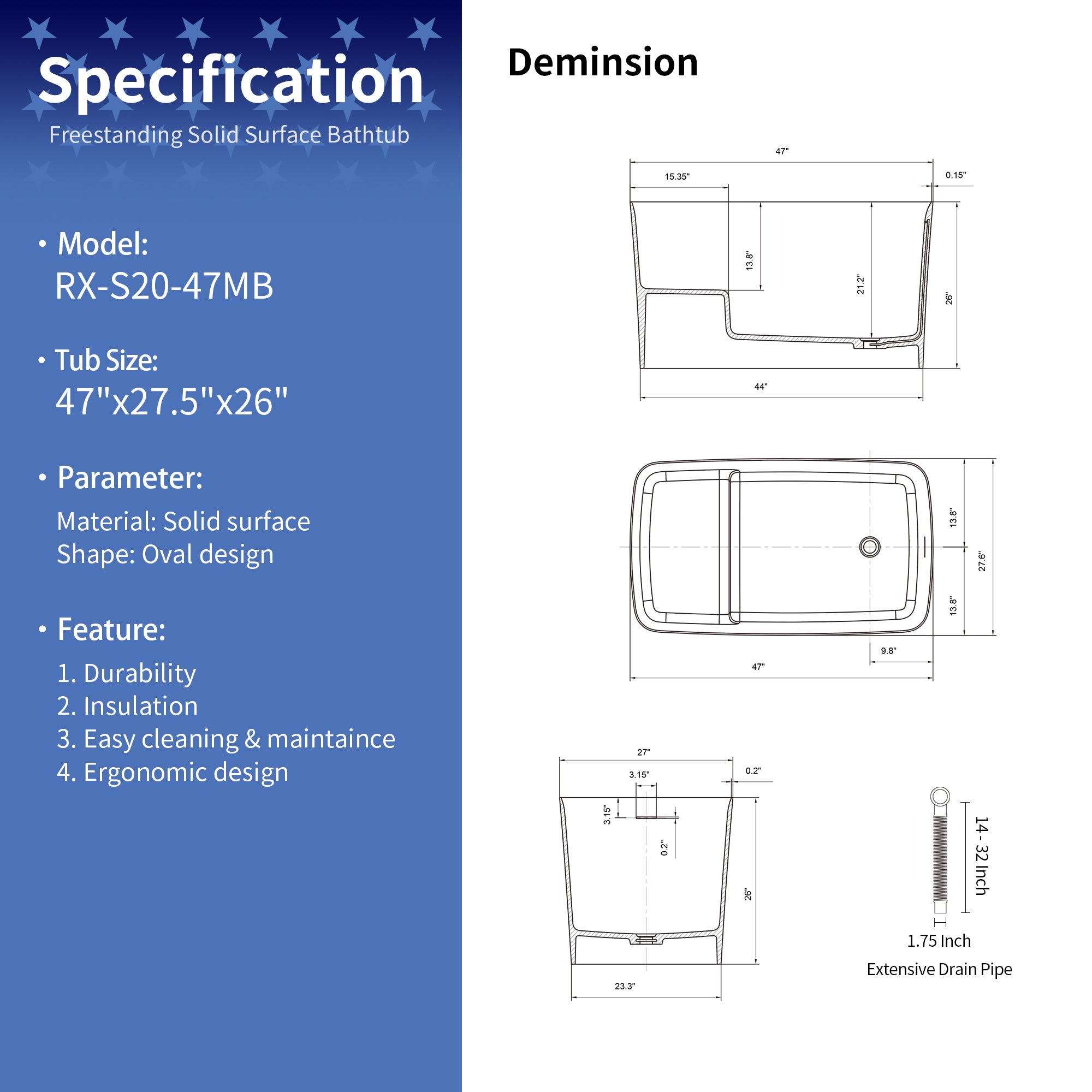 47" Freestanding Soaking Solid Surface Bathtub RX-S20-47