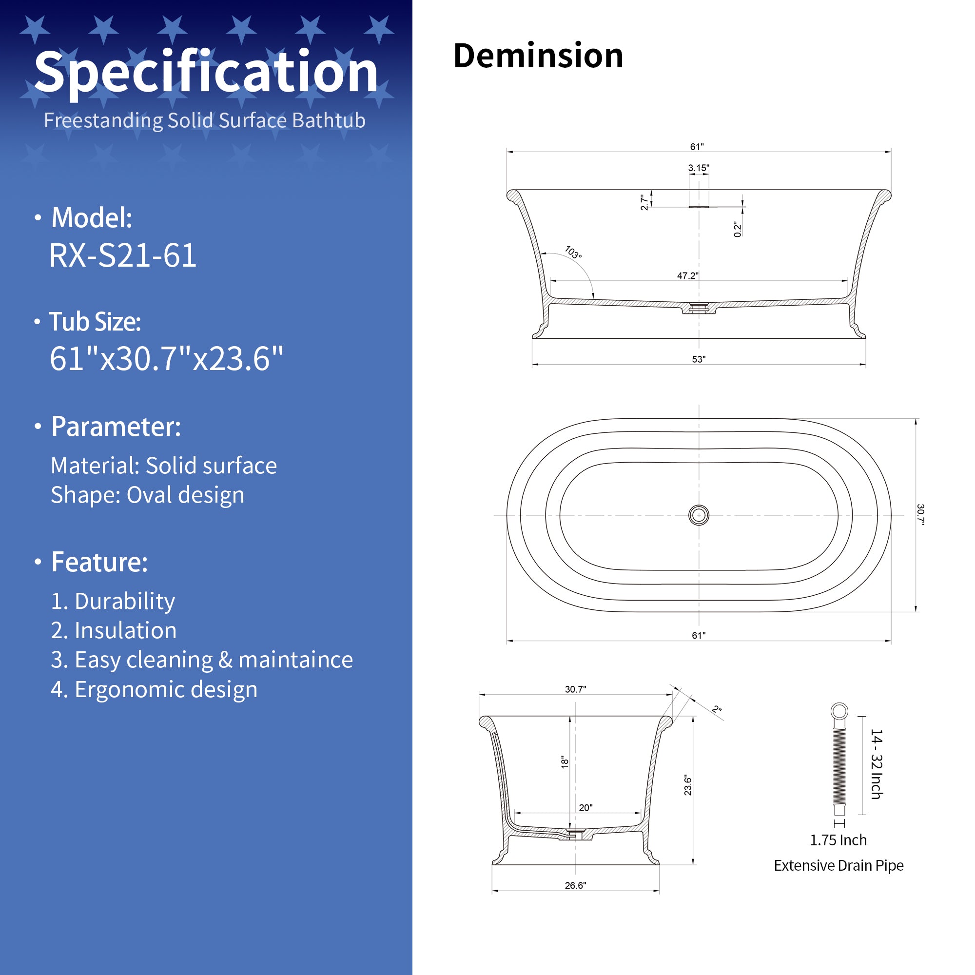 61" Freestanding Soaking Solid Surface Bathtub in White RX-S21-61