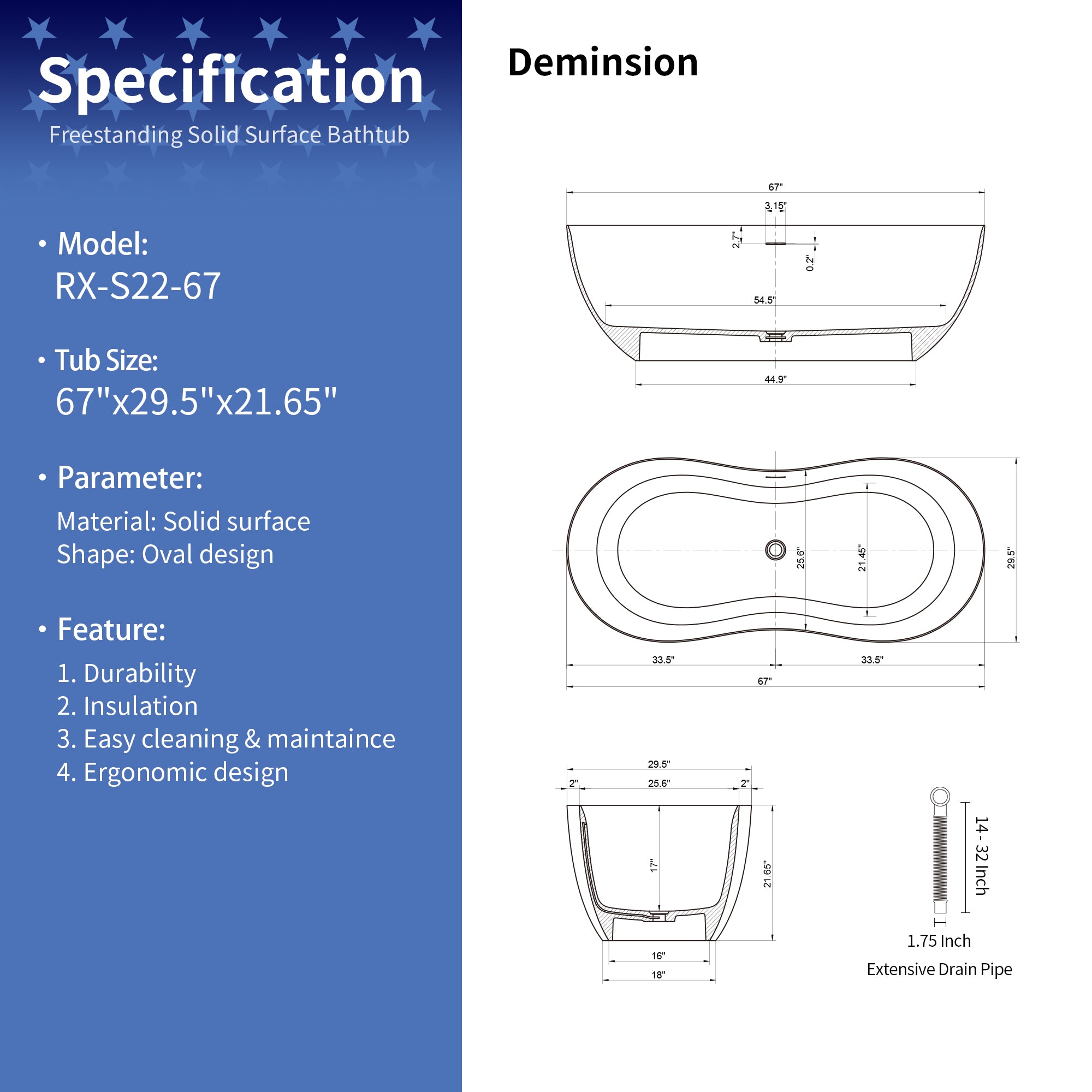 67" Freestanding Soaking Solid Surface Bathtub in White RX-S22-67