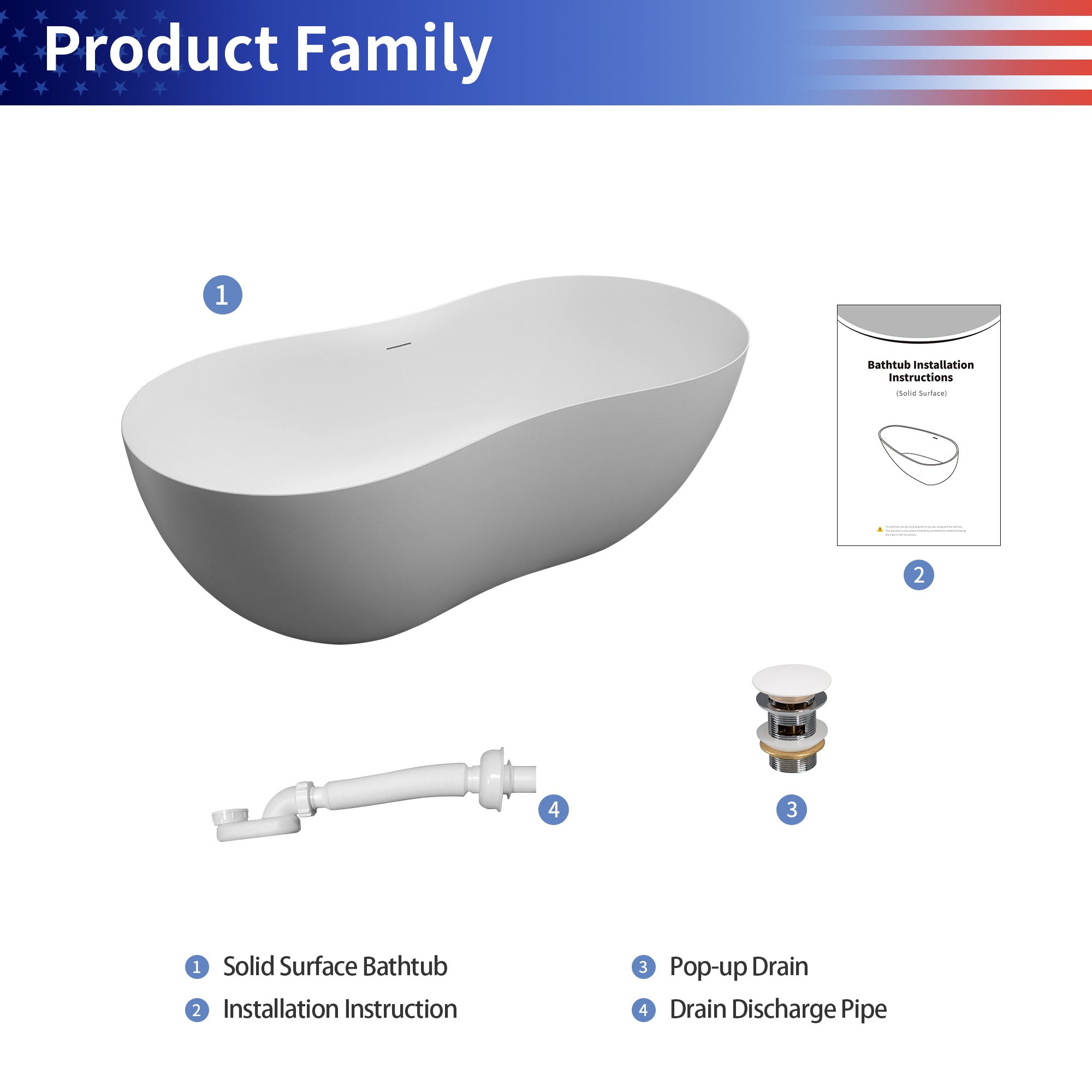 67" Freestanding Soaking Solid Surface Bathtub in White RX-S22-67