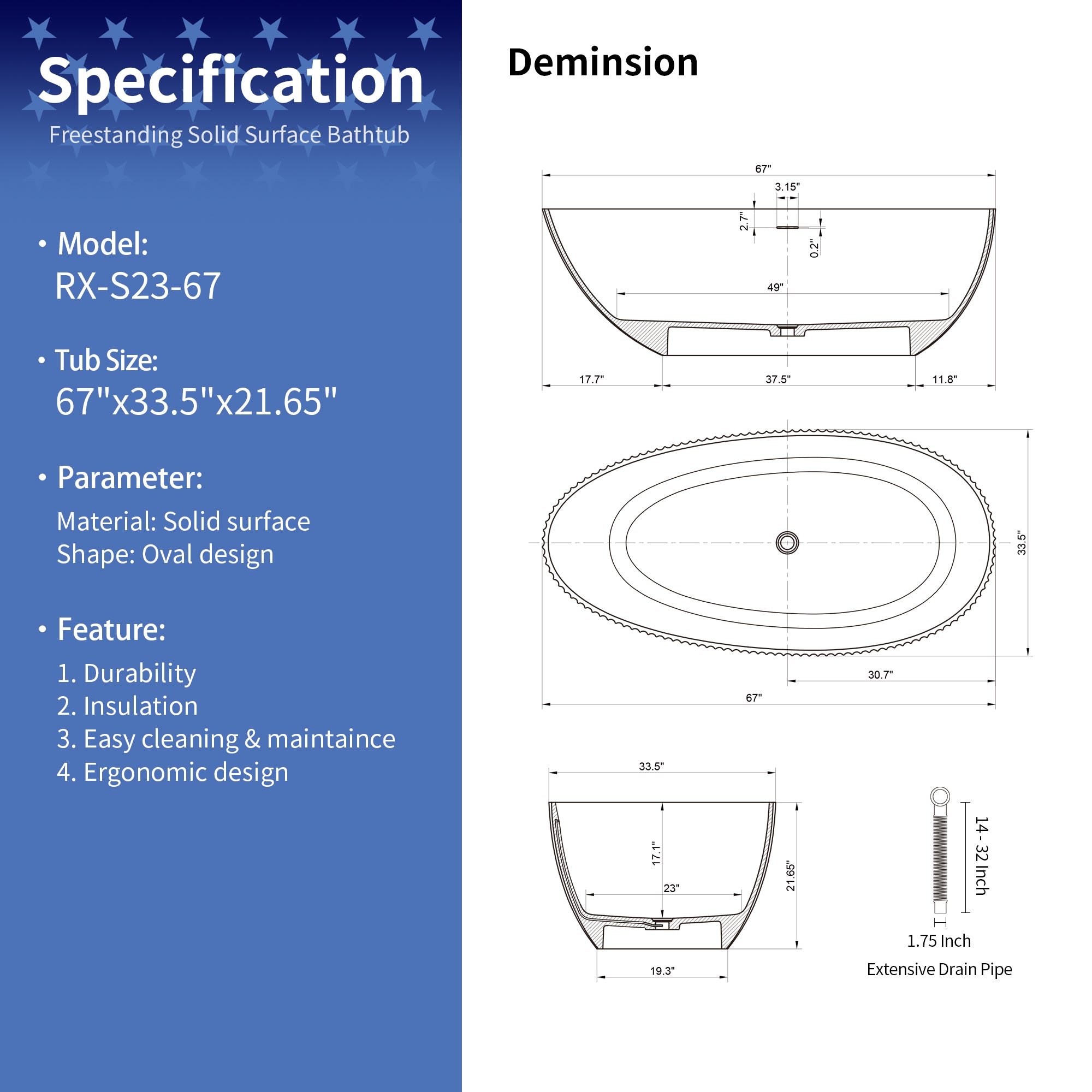 67" Freestanding Soaking Solid Surface Bathtub in White RX-S23-67