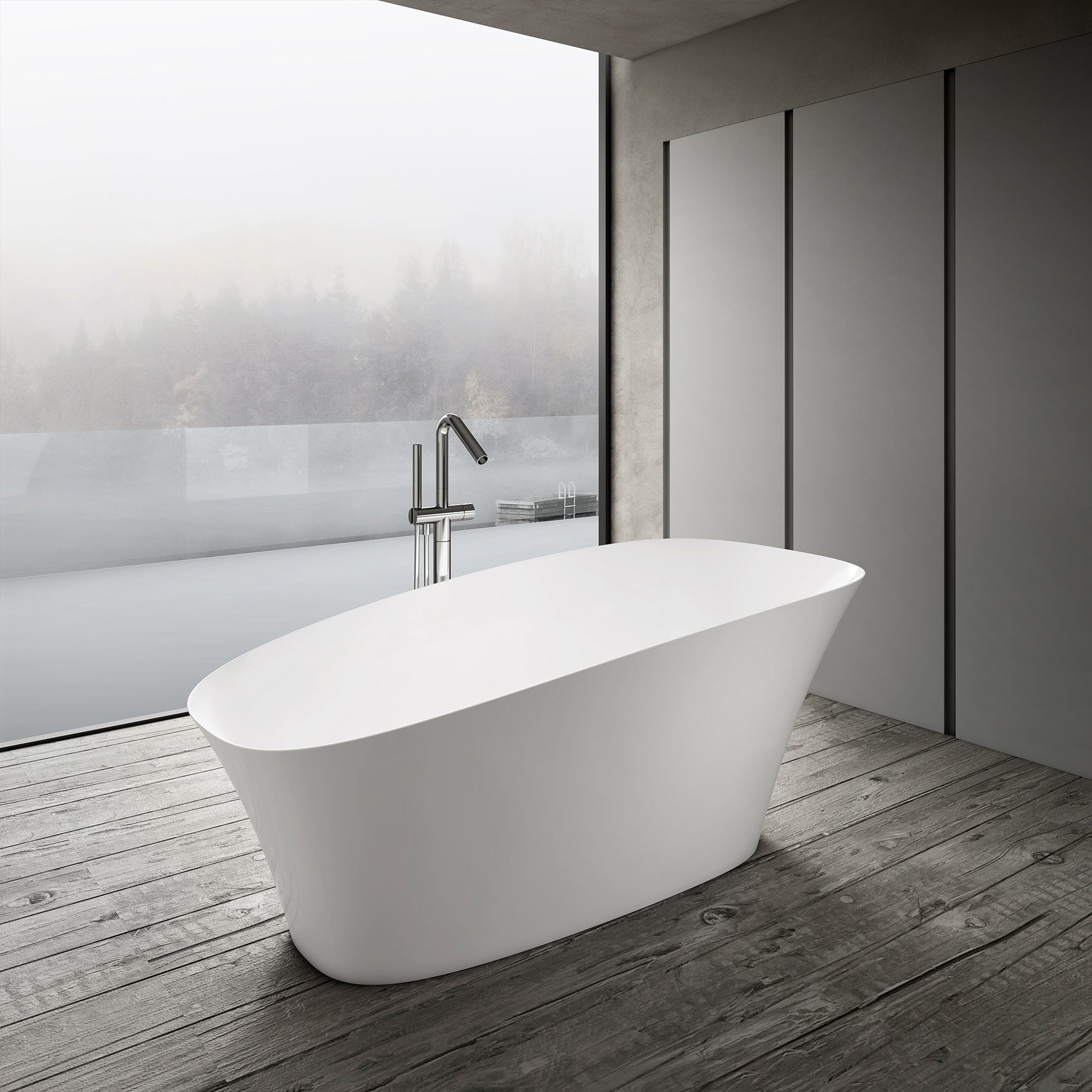 63" Freestanding Soaking Solid Surface Bathtub in White RX-S25-63