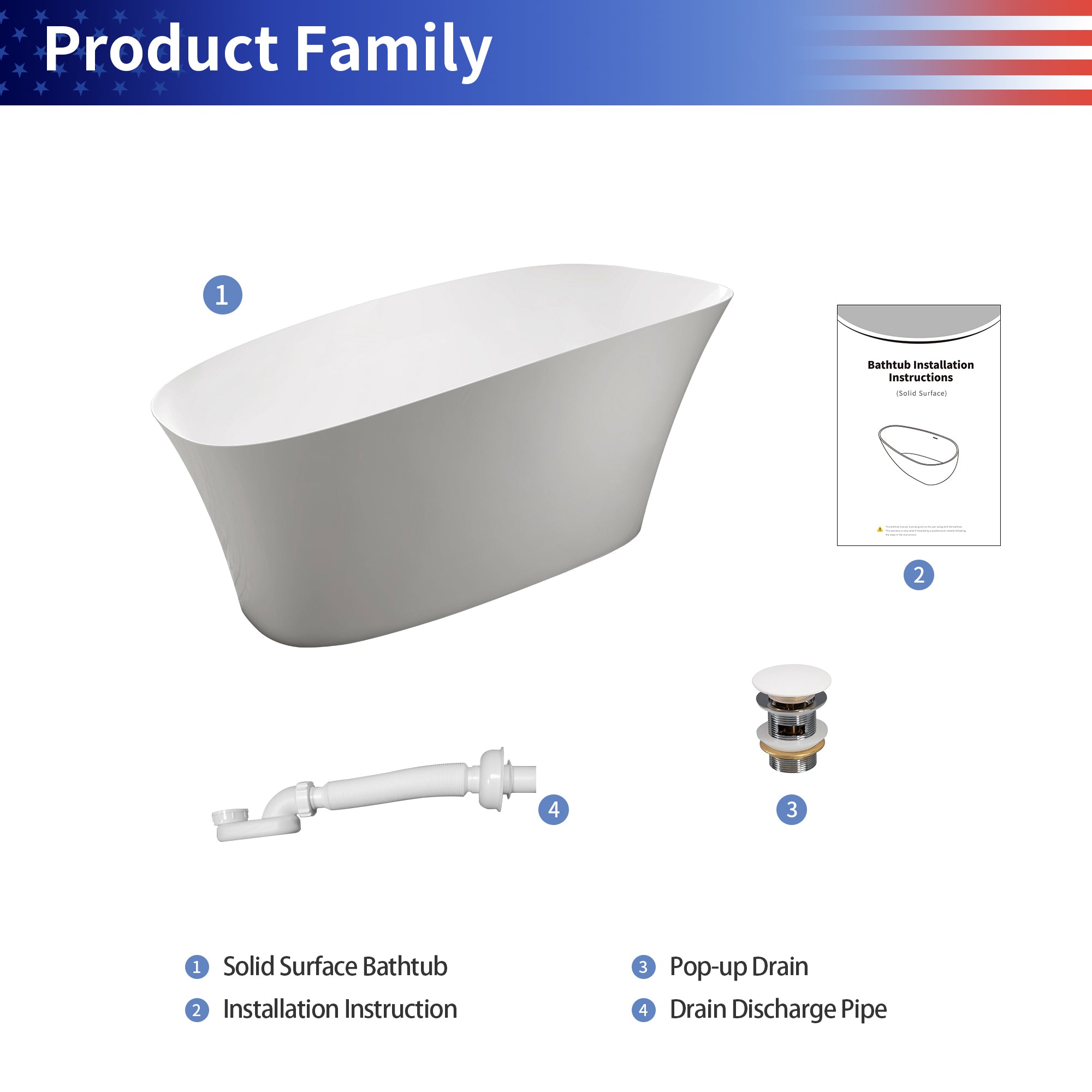 63" Freestanding Soaking Solid Surface Bathtub in White RX-S25-63