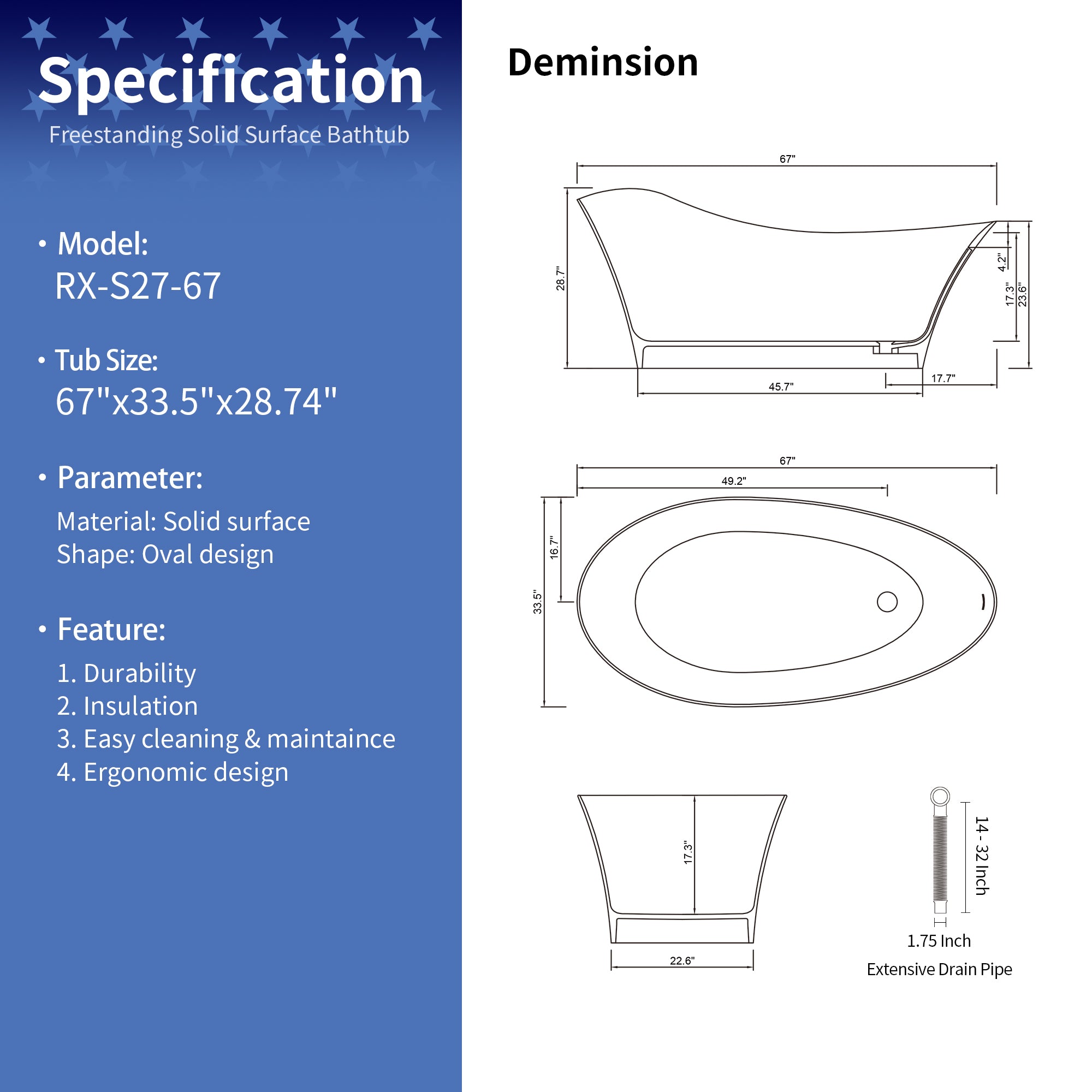 67" Freestanding Soaking Solid Surface Bathtub in White RX-S27-67