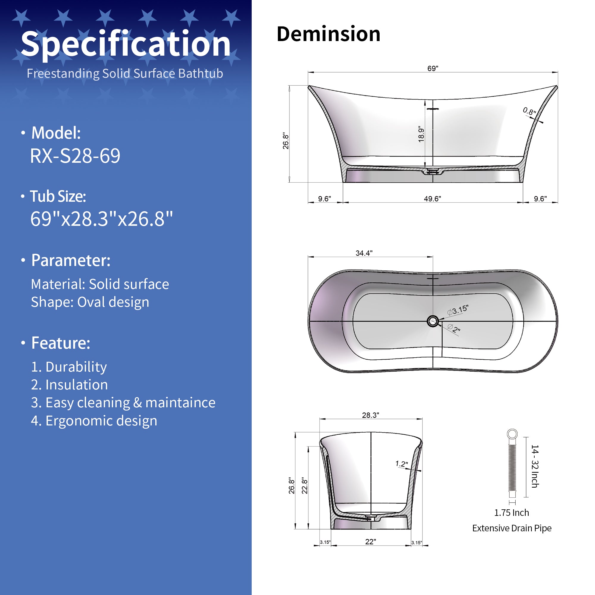 69" Freestanding Soaking Solid Surface Bathtub in White RX-S28-69