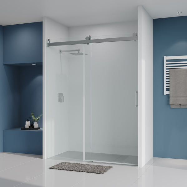 56 to 60 in. W x 76 in. H Sliding Frameless Shower Door with 3/8 Inch (10mm) Thick Tampered Glass in Brushed Nickel RX-SD01-6076BN