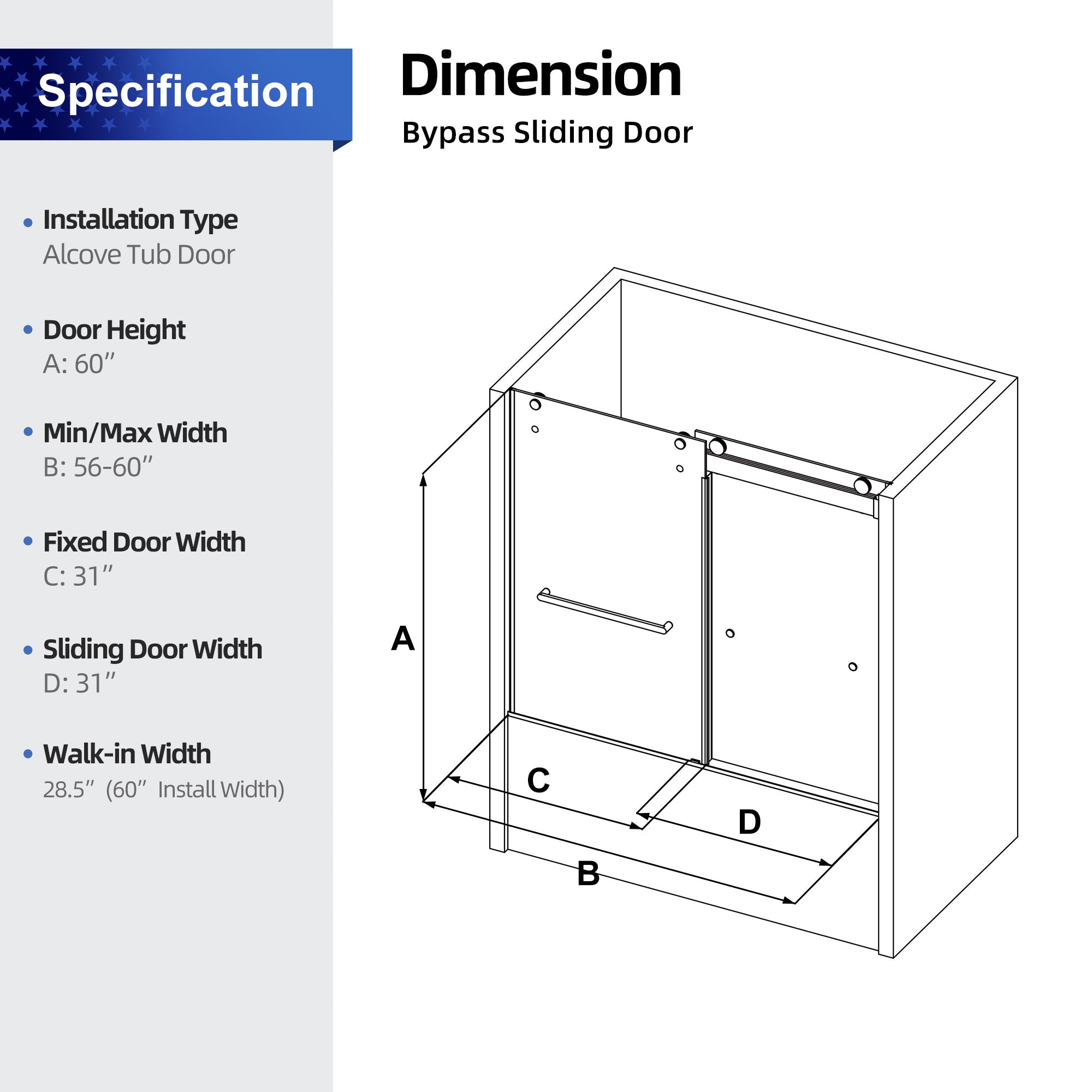 56 to 60in. W x 65in. H Frameless Double Sliding Tub Door in Brushed Nickel RX-SD03