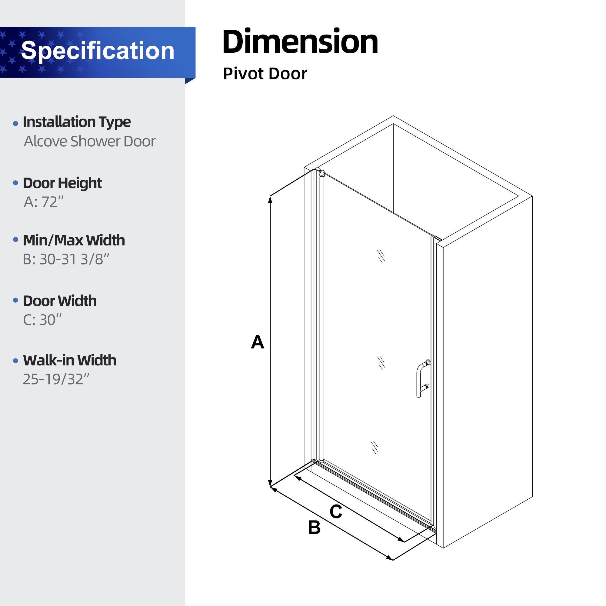 30 to 31-3/8 in. W x 72 in. H Semi-Frameless Pivot Shower Door in Chrome RX-SD04-3072CH