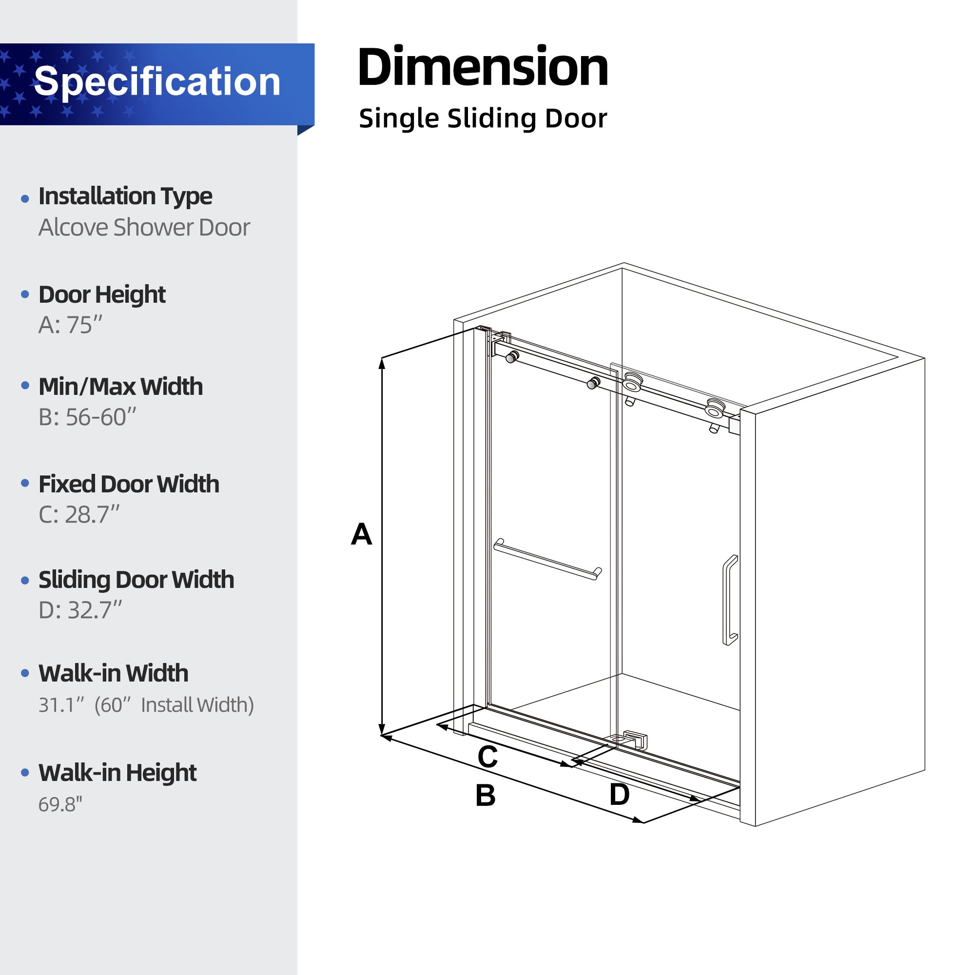 56 to 60 in. W x 75 in. H Sliding Semi-Frameless Shower Door with 5/16 Inch (8mm) Thick Tampered Glass RX-SD09