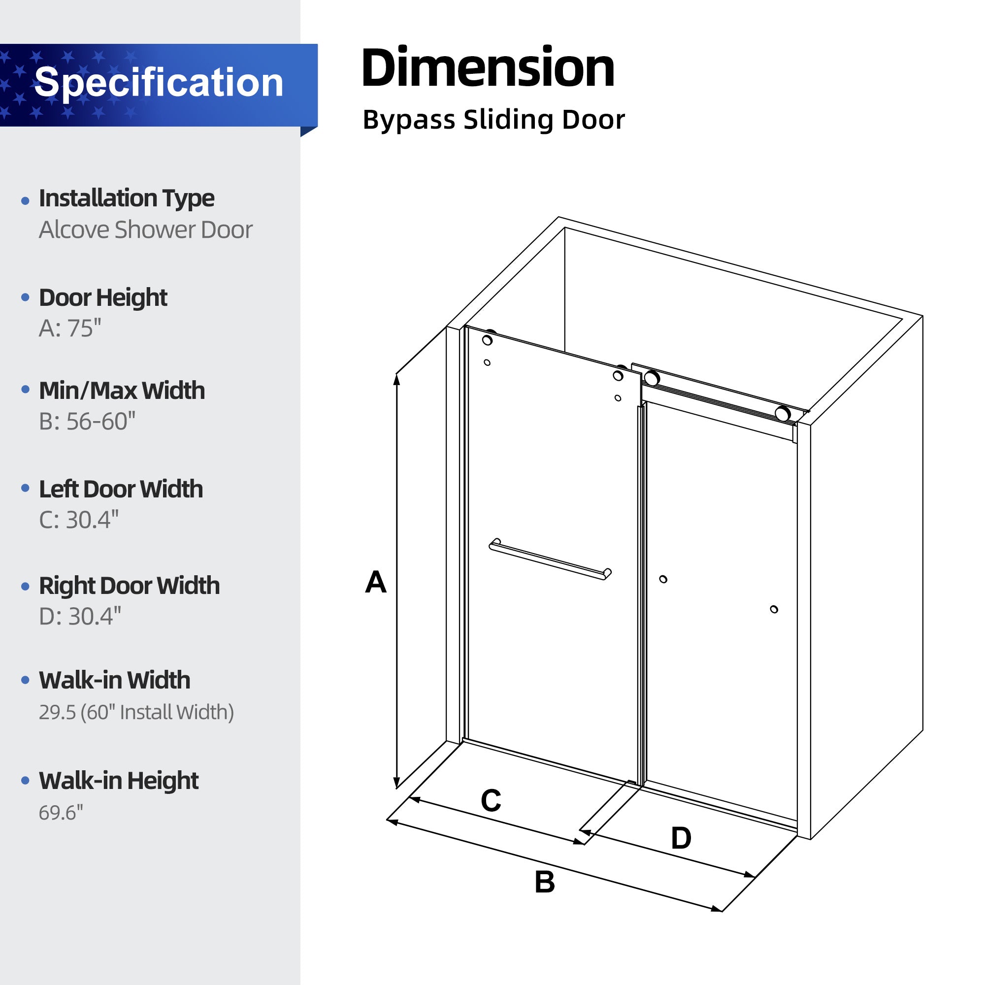 56 to 60 in. W x 75 in. H Sliding Frameless Shower Door with 5/16 Inch (8mm) Thick Tampered Glass RX-SD10