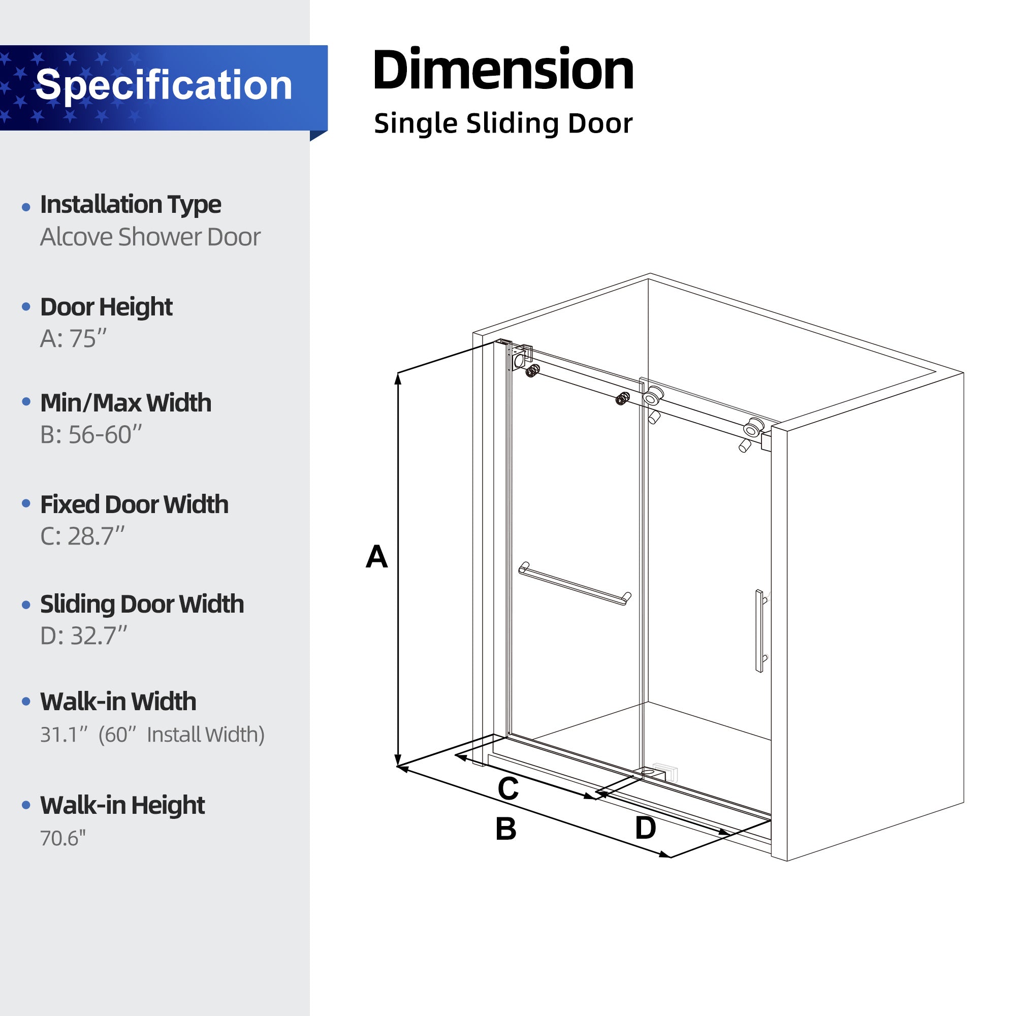 56 to 60 in. W x 75 in. H Sliding Semi-Frameless Shower Door with 5/16 Inch (8mm) Thick Tampered Glass in Brushed Nickel RX-SD11