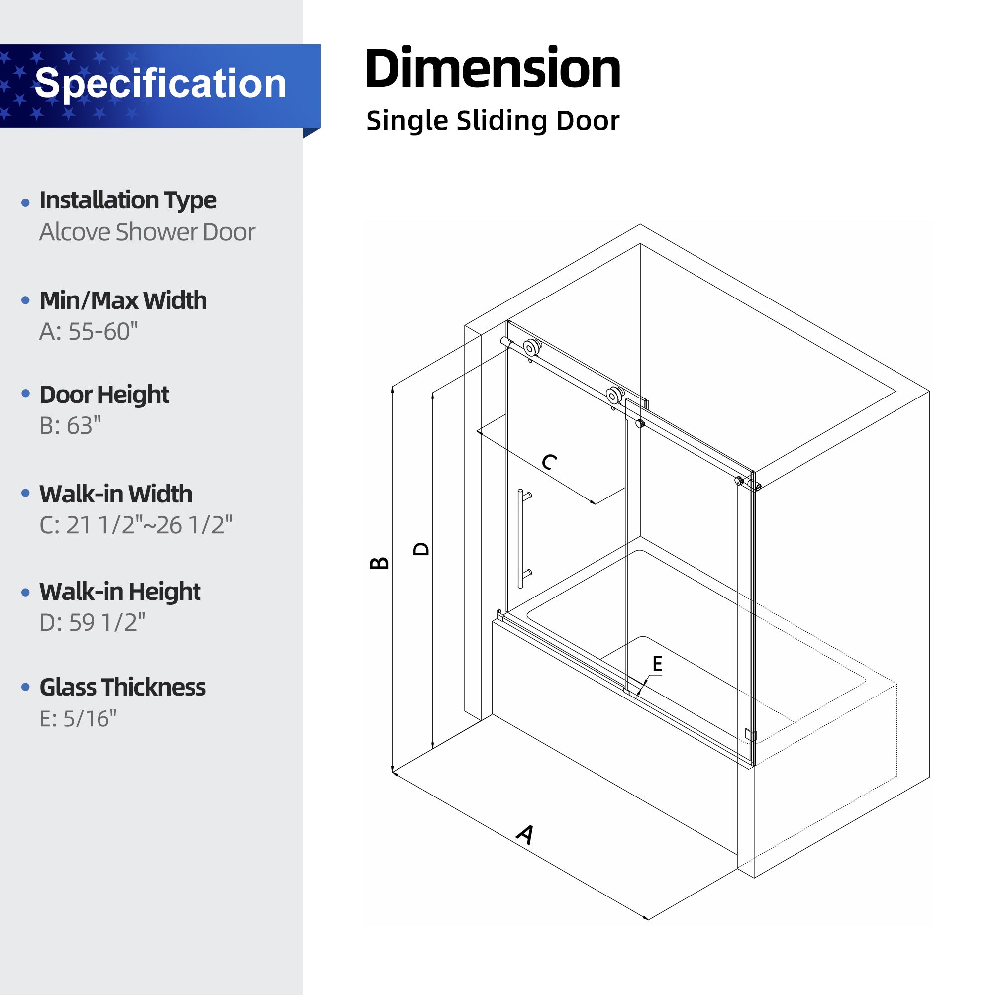 55 to 60 in. W x 63 in. H Sliding Frameless Tub Door with 5/16 Inch (8mm) Thick Tampered Glass RX-SD13