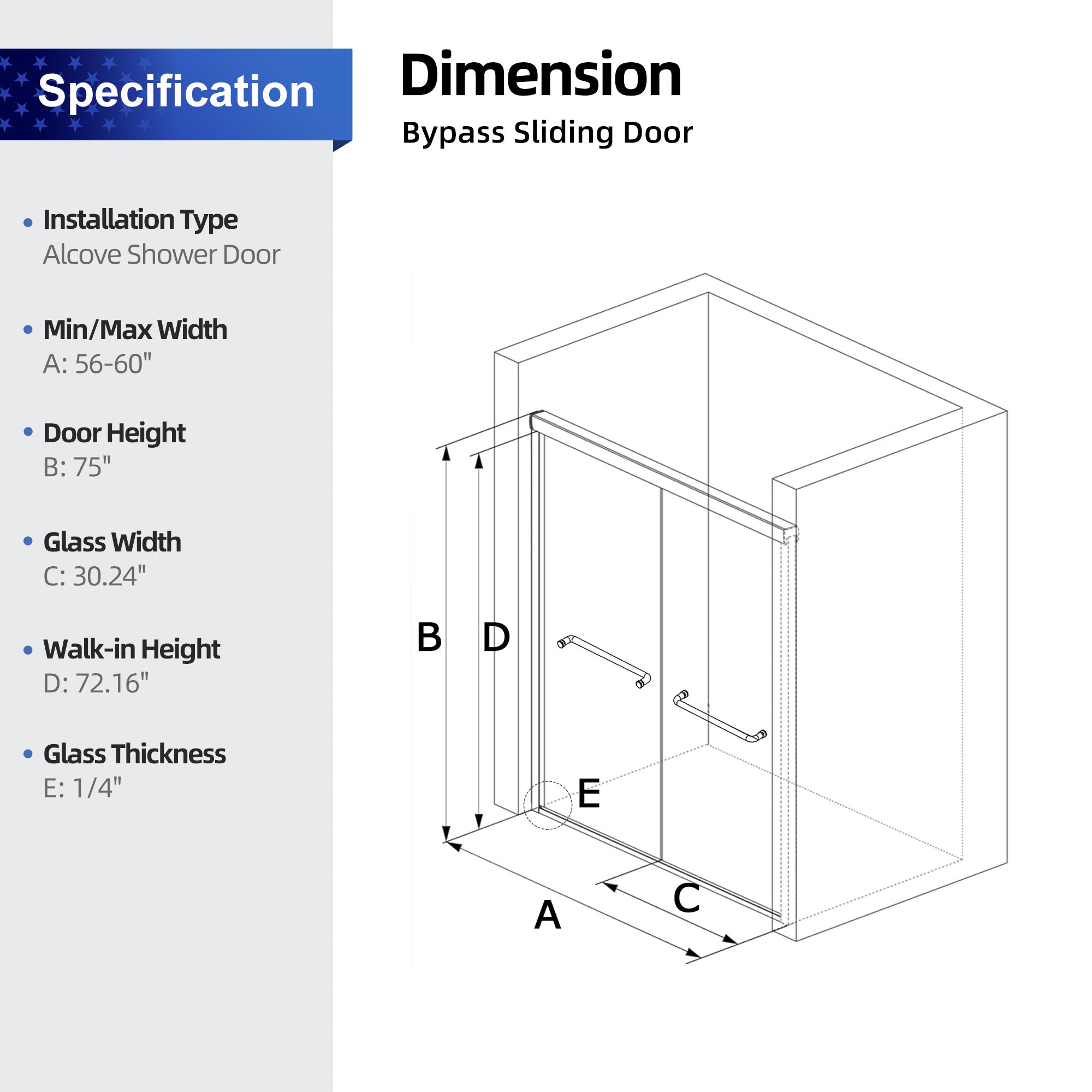 56 to 60 in. W x 75 in. H Sliding Framed Shower Door with 1/4 Inch (6mm) Thick Tampered Glass RX-SD15