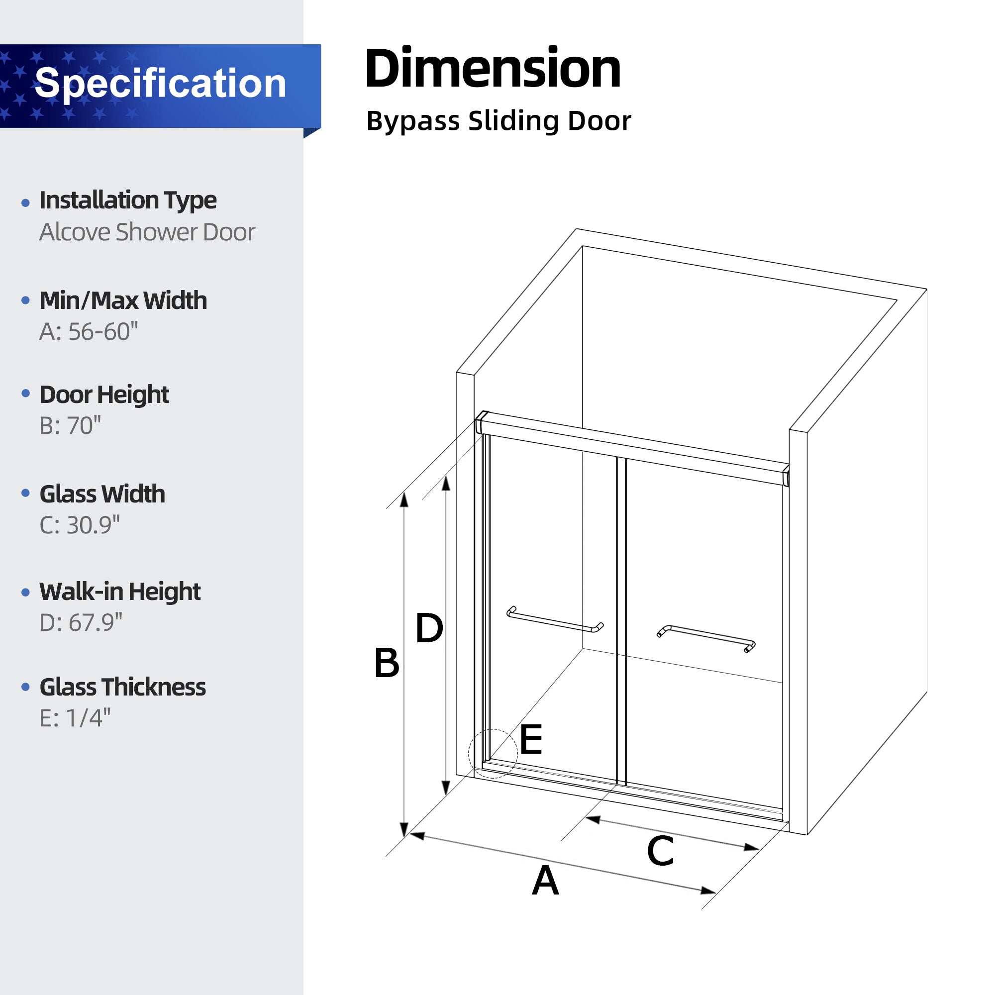 56 to 60 in. W x 70 in. H Sliding Framed Shower Door with 1/4 Inch (6mm) Thick Tampered Glass RX-SD16