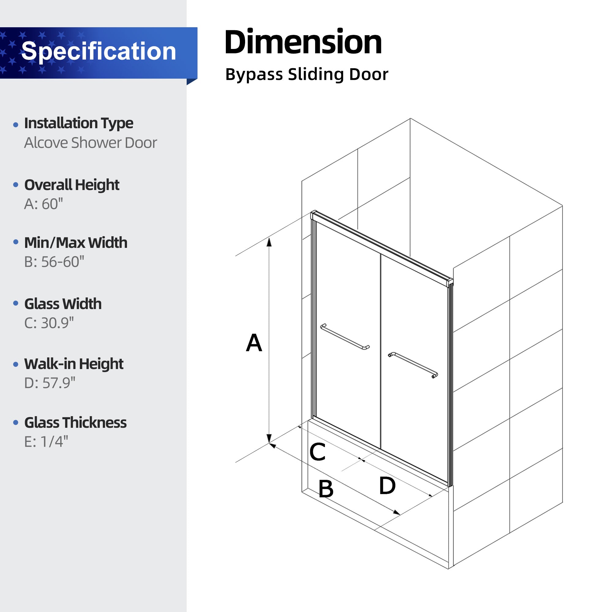 56 to 60 in. W x 60 in. H Sliding Framed Shower Door with 1/4 Inch (6mm) Thick Tampered Glass RX-SD17