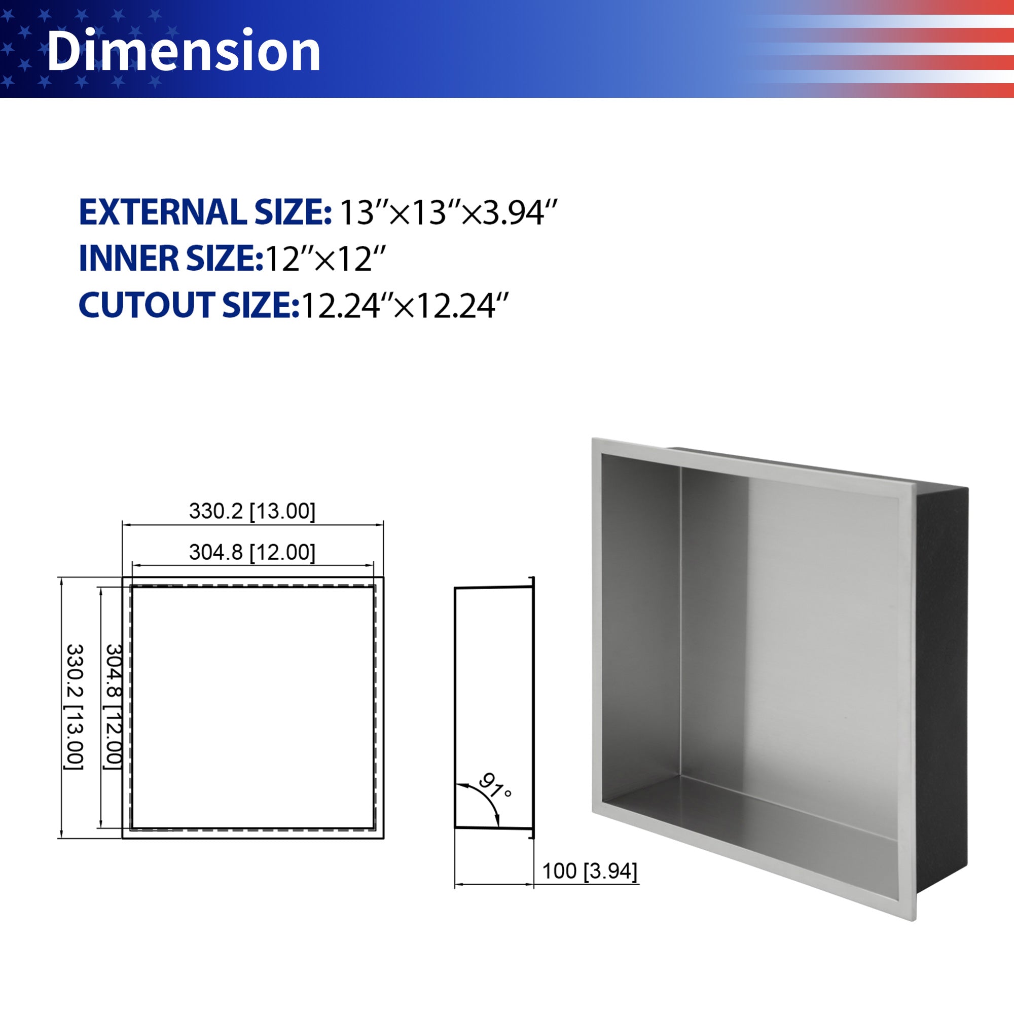 13" W × 13" H Stainless Steel Wall Niche Rectangular Recessed Shower Niche, No Tile Needed RX-SN01