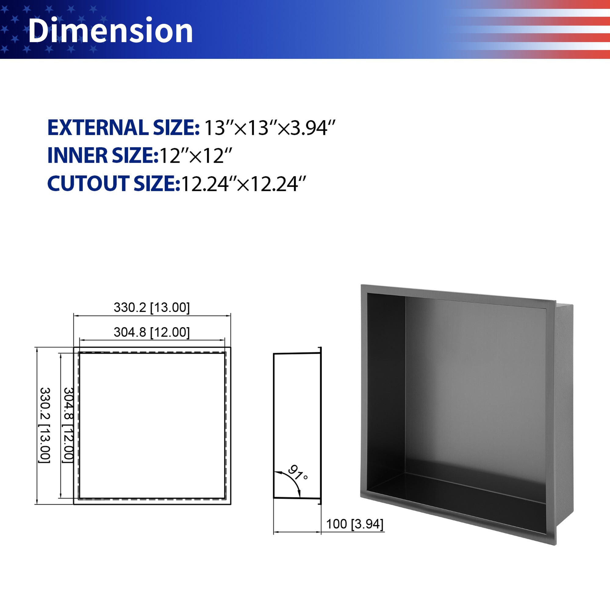 13" W × 13" H Stainless Steel Wall Niche Rectangular Recessed Shower Niche, No Tile Needed RX-SN01