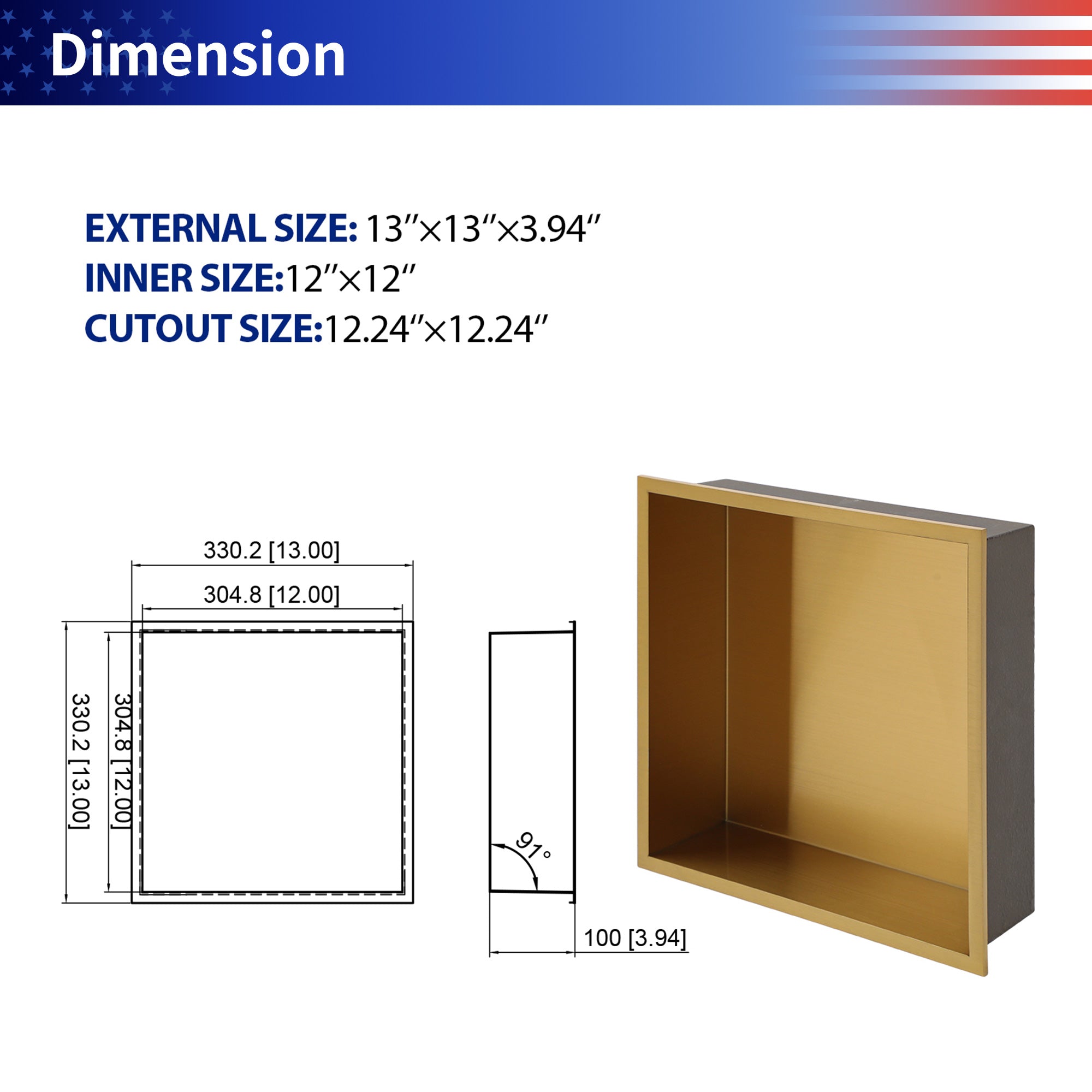 13" W × 13" H Stainless Steel Wall Niche Rectangular Recessed Shower Niche, No Tile Needed RX-SN01