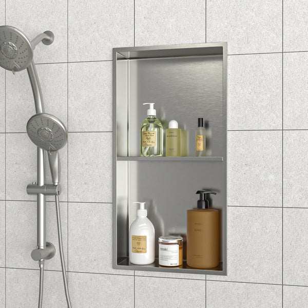 13" W × 25" H Stainless Steel Wall Niche Double Shelf Rectangular Recessed Shower Niche, No Tile Needed RX-SN02