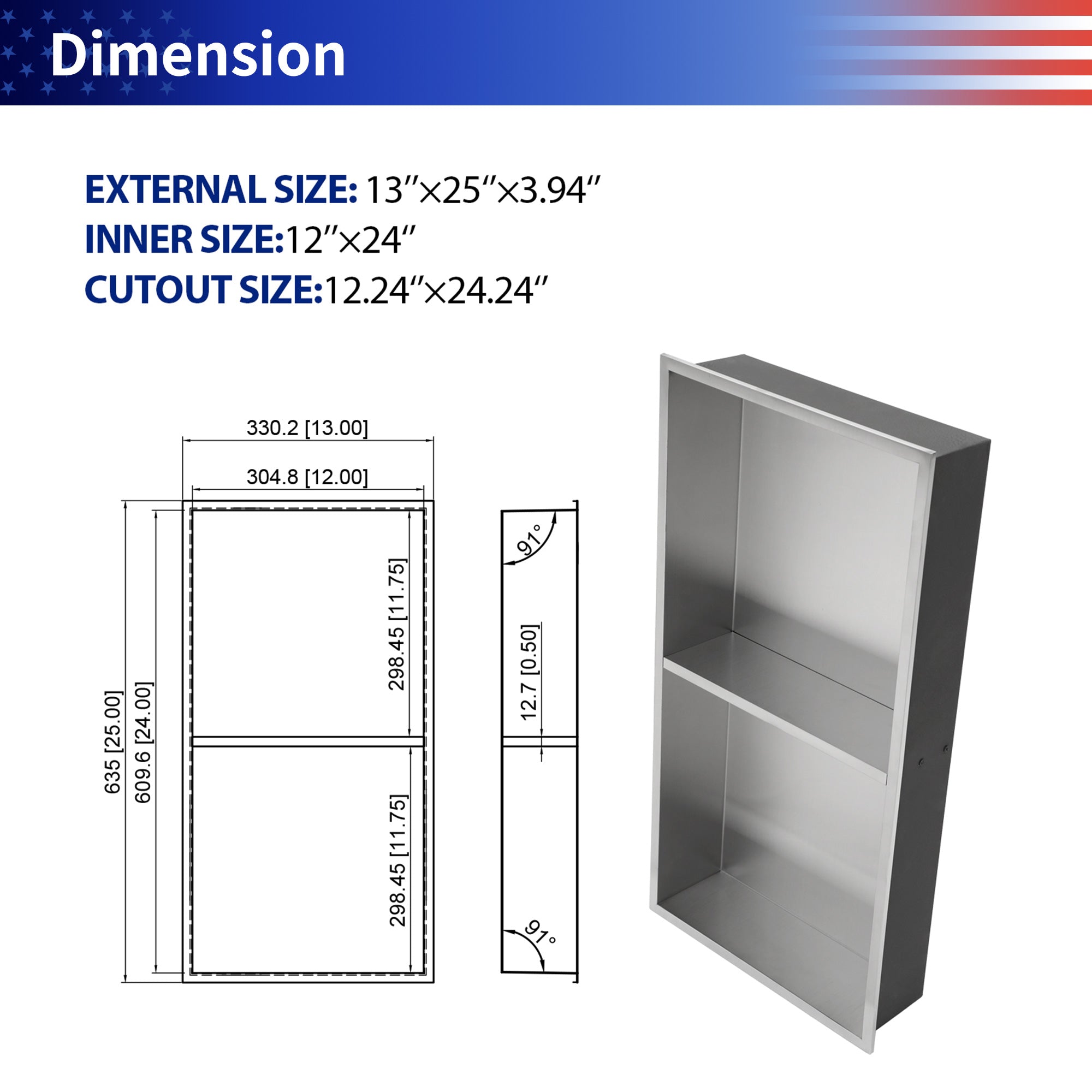 13" W × 25" H Stainless Steel Wall Niche Double Shelf Rectangular Recessed Shower Niche, No Tile Needed RX-SN02