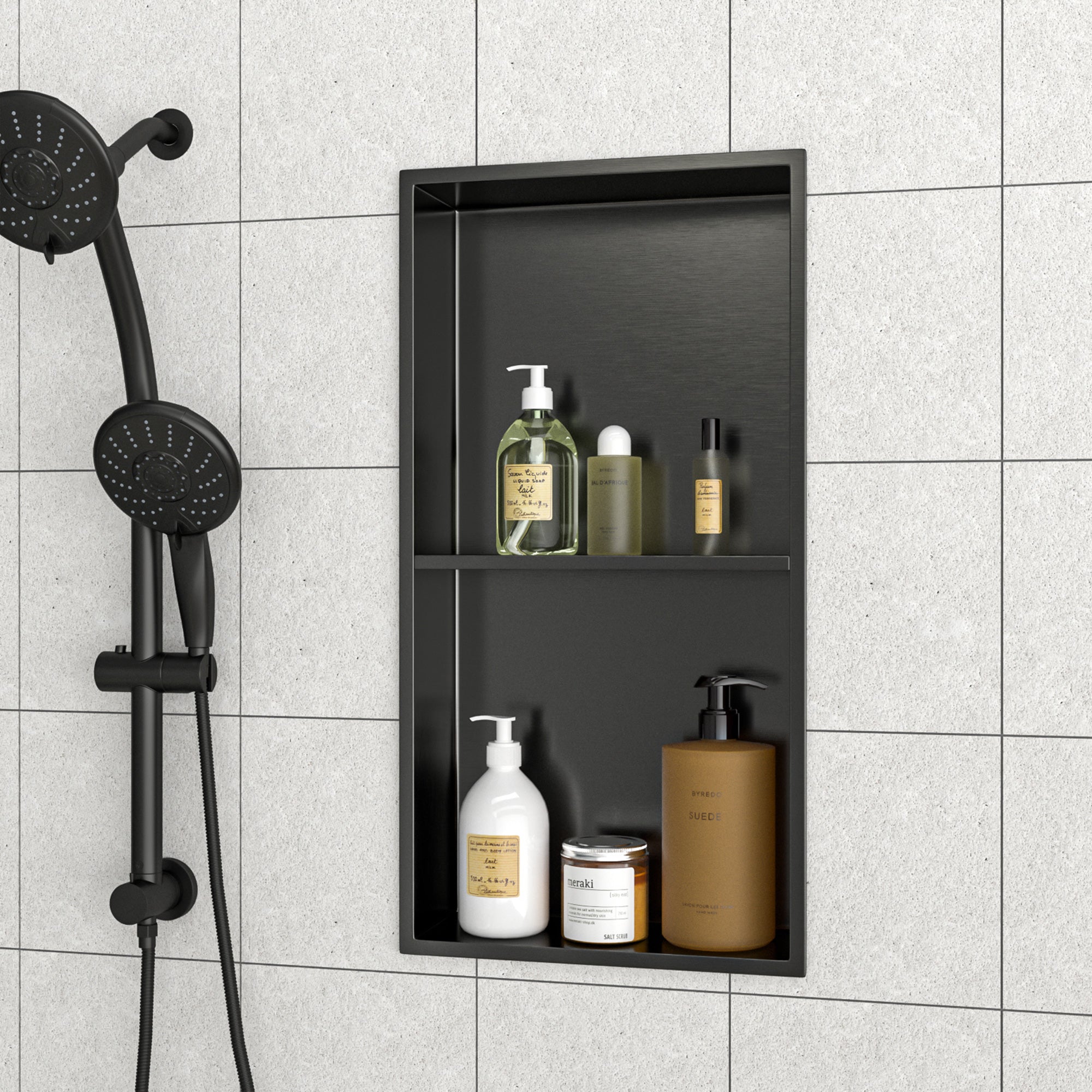 13" W × 25" H Stainless Steel Wall Niche Double Shelf Rectangular Recessed Shower Niche, No Tile Needed RX-SN02