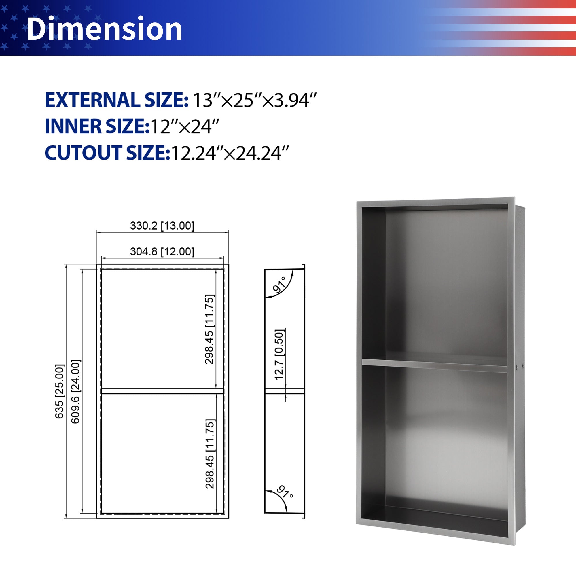 13" W × 25" H Stainless Steel Wall Niche Double Shelf Rectangular Recessed Shower Niche, No Tile Needed RX-SN02