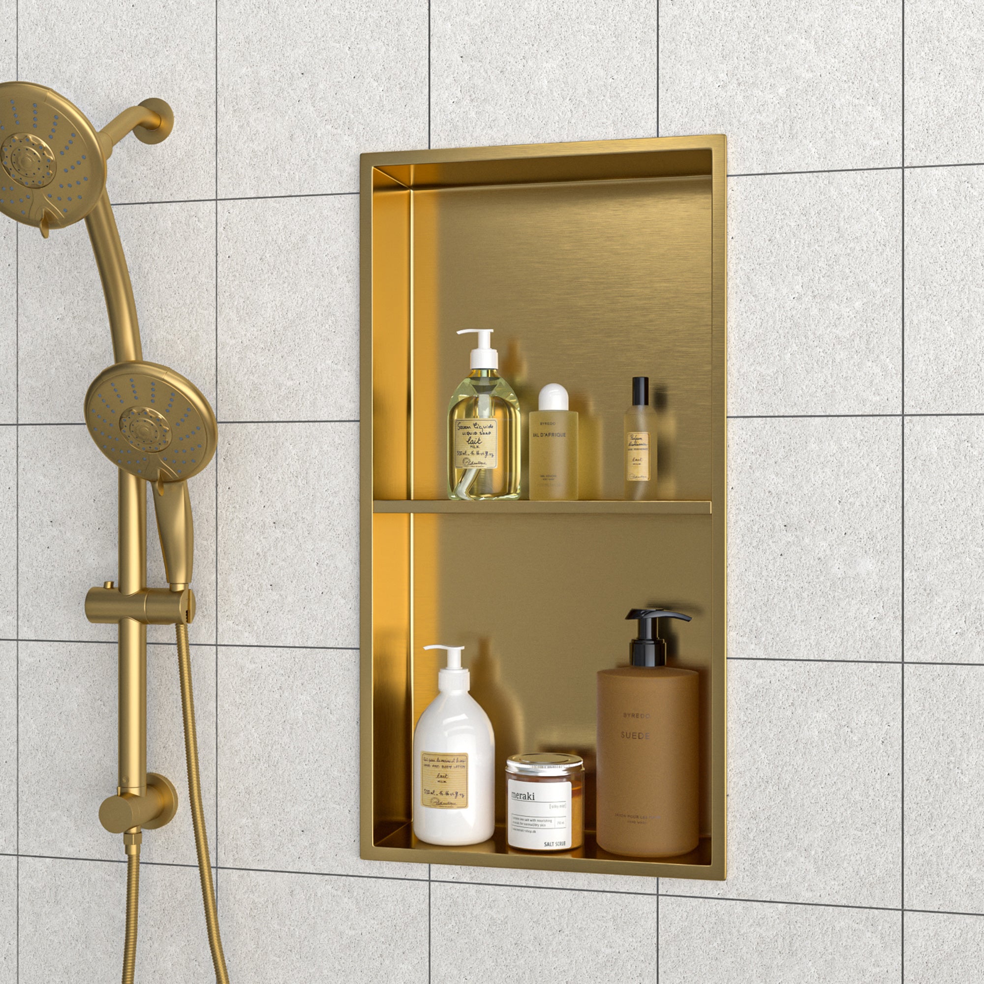 13" W × 25" H Stainless Steel Wall Niche Double Shelf Rectangular Recessed Shower Niche, No Tile Needed RX-SN02