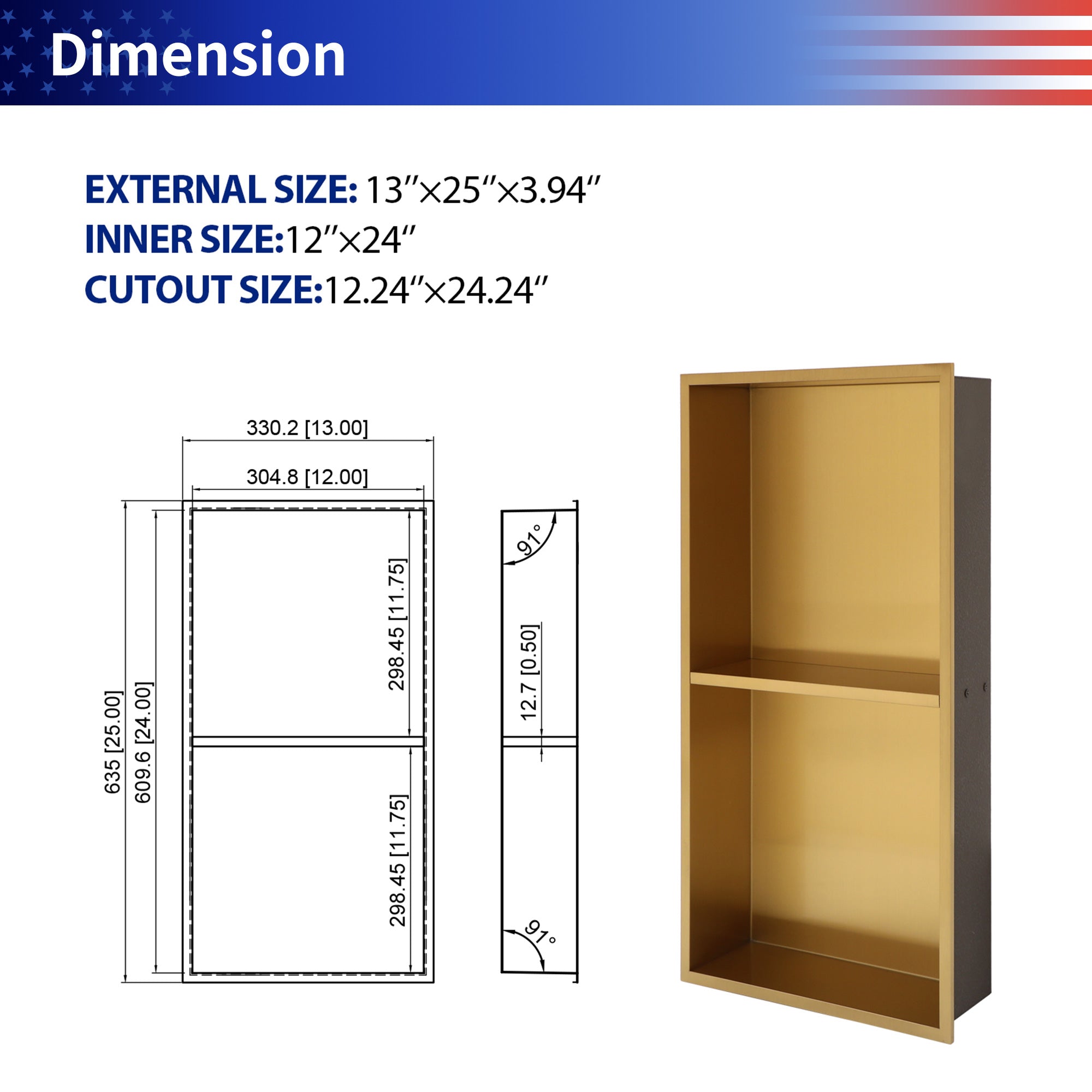 13" W × 25" H Stainless Steel Wall Niche Double Shelf Rectangular Recessed Shower Niche, No Tile Needed RX-SN02