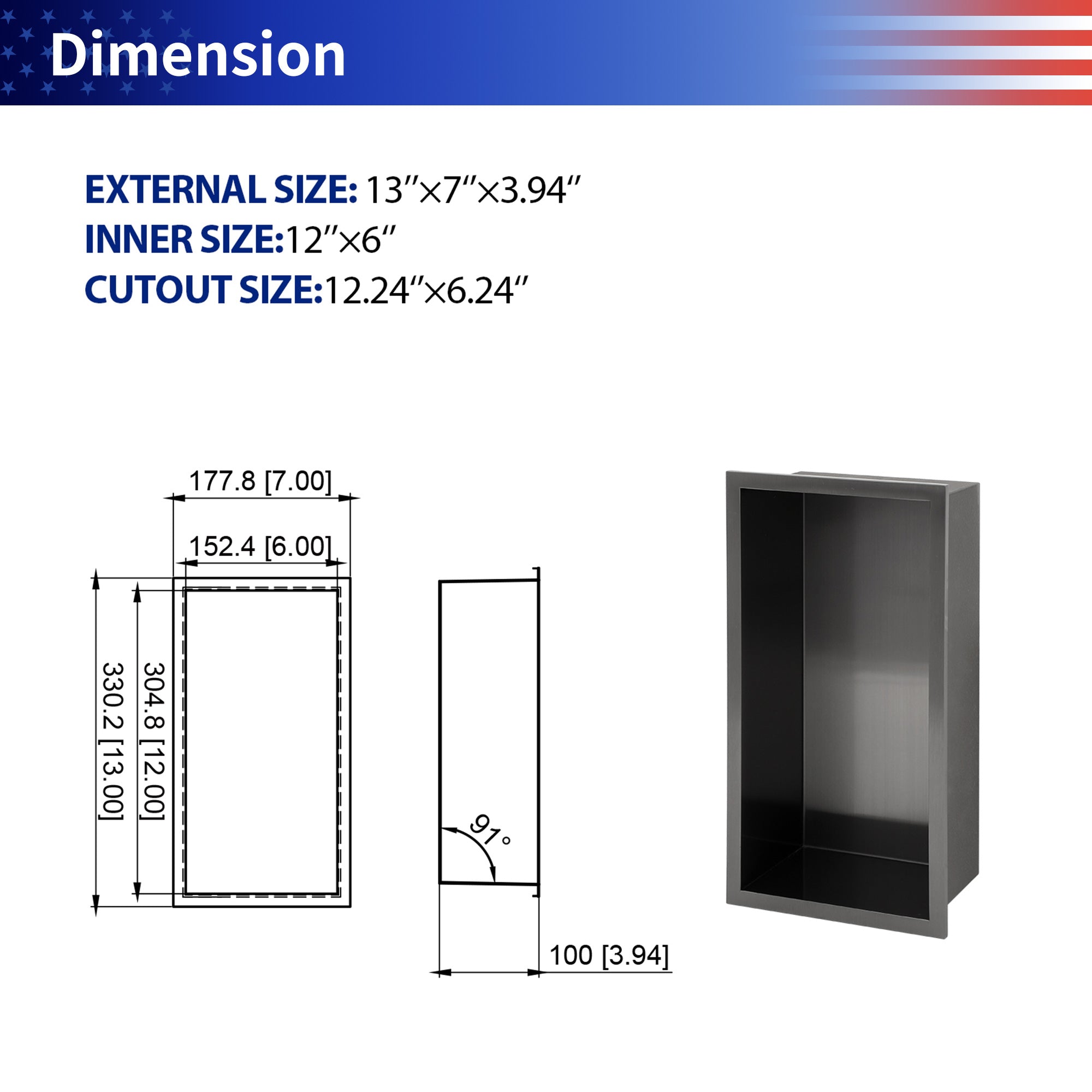 7" W × 13" H Stainless Steel Wall Niche Rectangular Recessed Shower Niche, No Tile Needed in Gunmetal Black RX-SN03