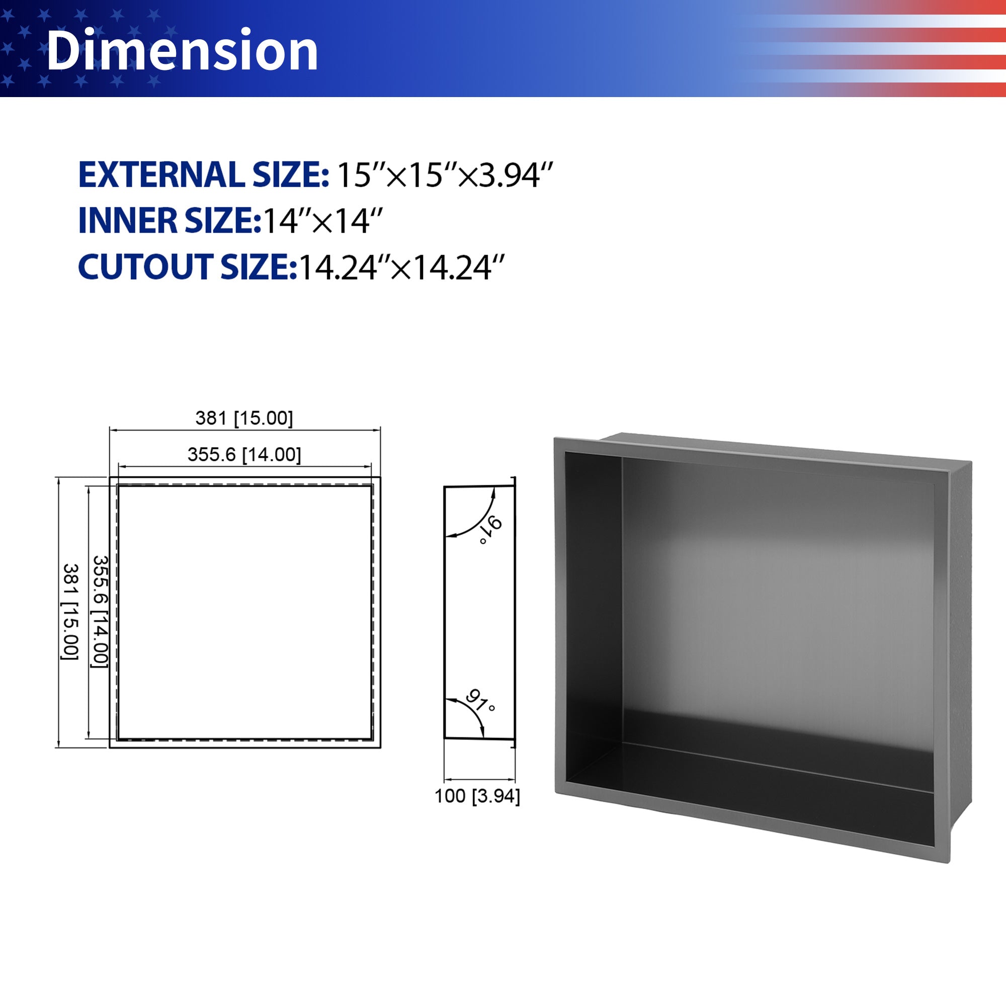 15" W × 15" H Stainless Steel Wall Niche Rectangular Recessed Shower Niche, No Tile Needed RX-SN05