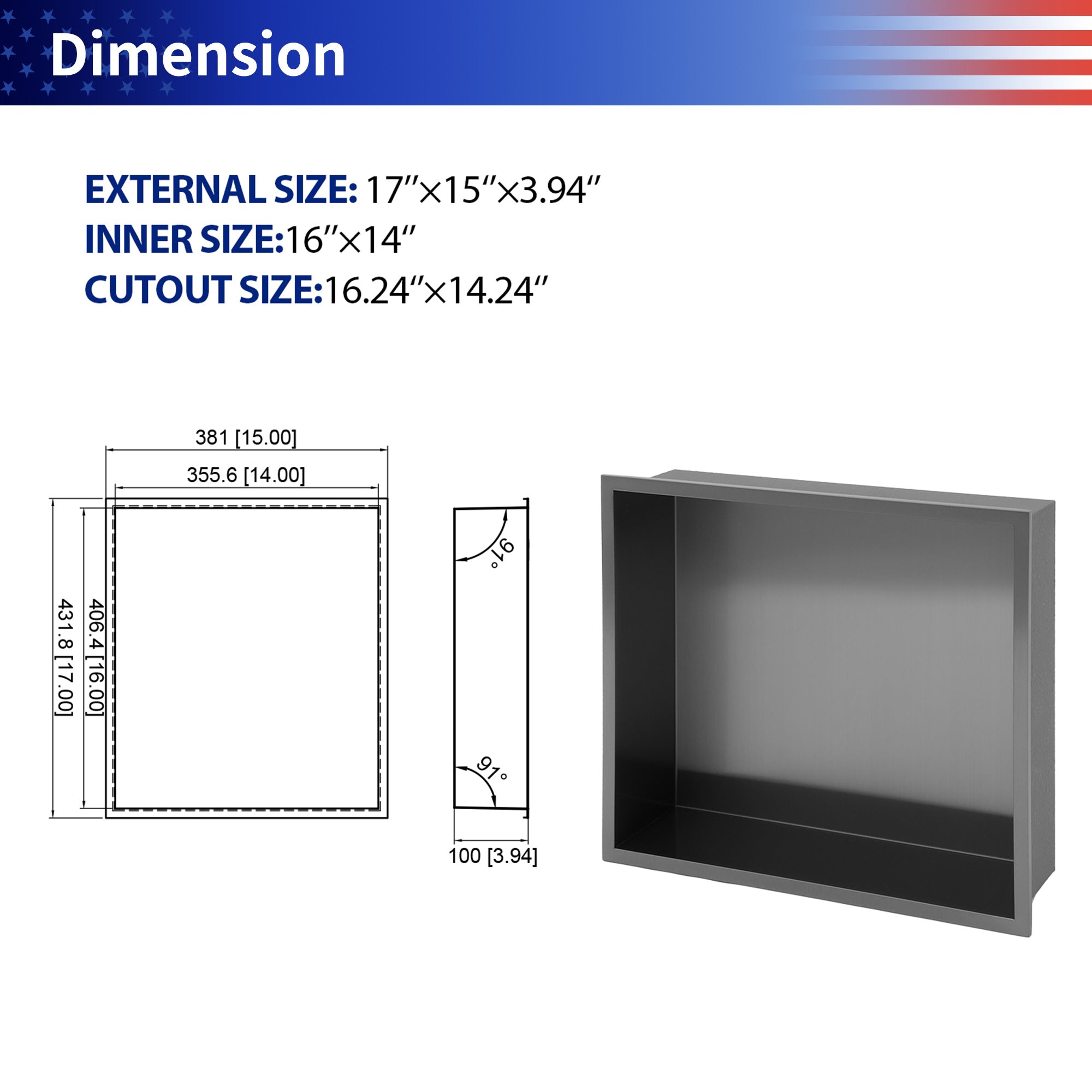 17" W × 15" H Stainless Steel Wall Niche Rectangular Recessed Shower Niche, No Tile Needed in Gunmetal Black RX-SN06