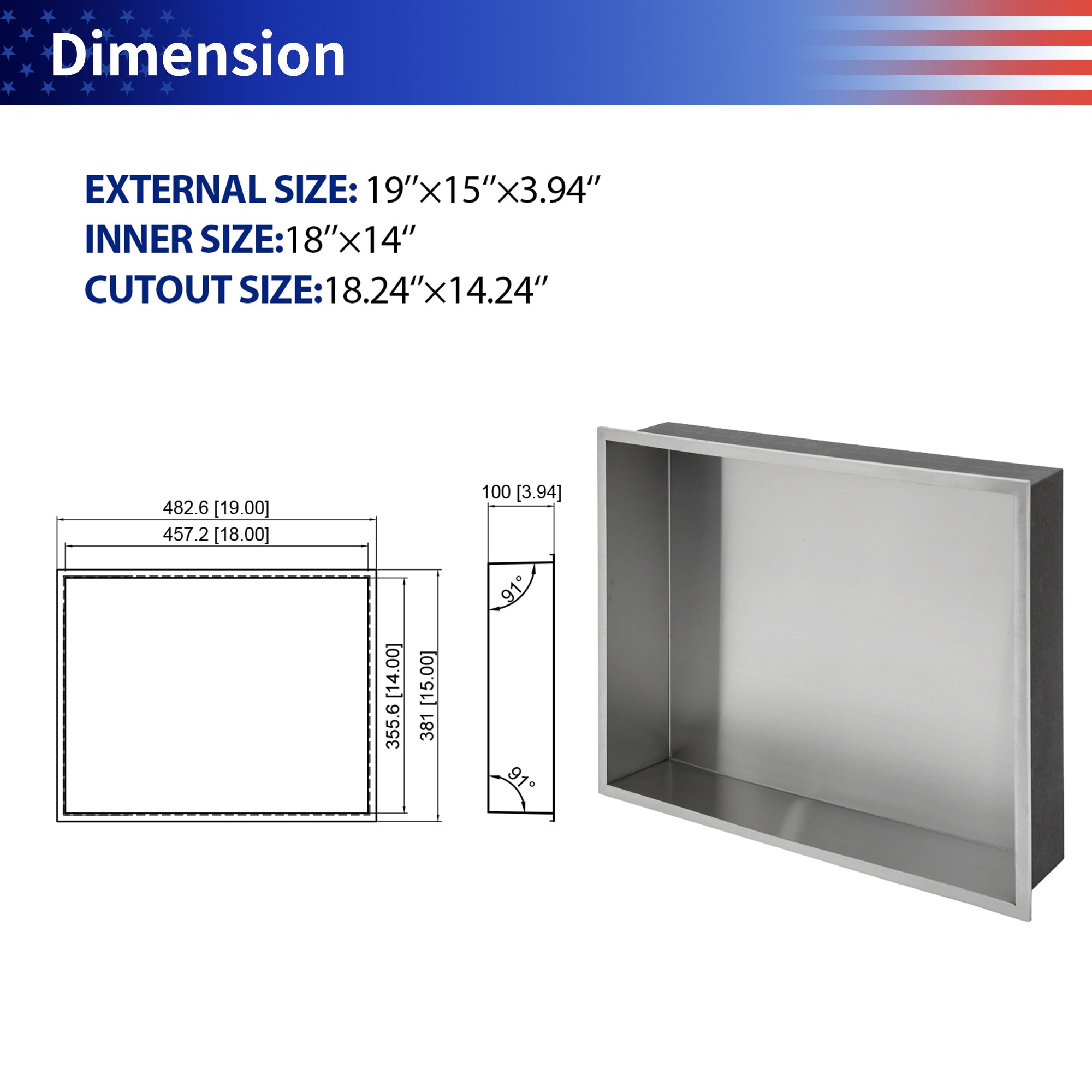 19" W × 15" H Stainless Steel Wall Niche Rectangular Recessed Shower Niche, No Tile Needed RX-SN07