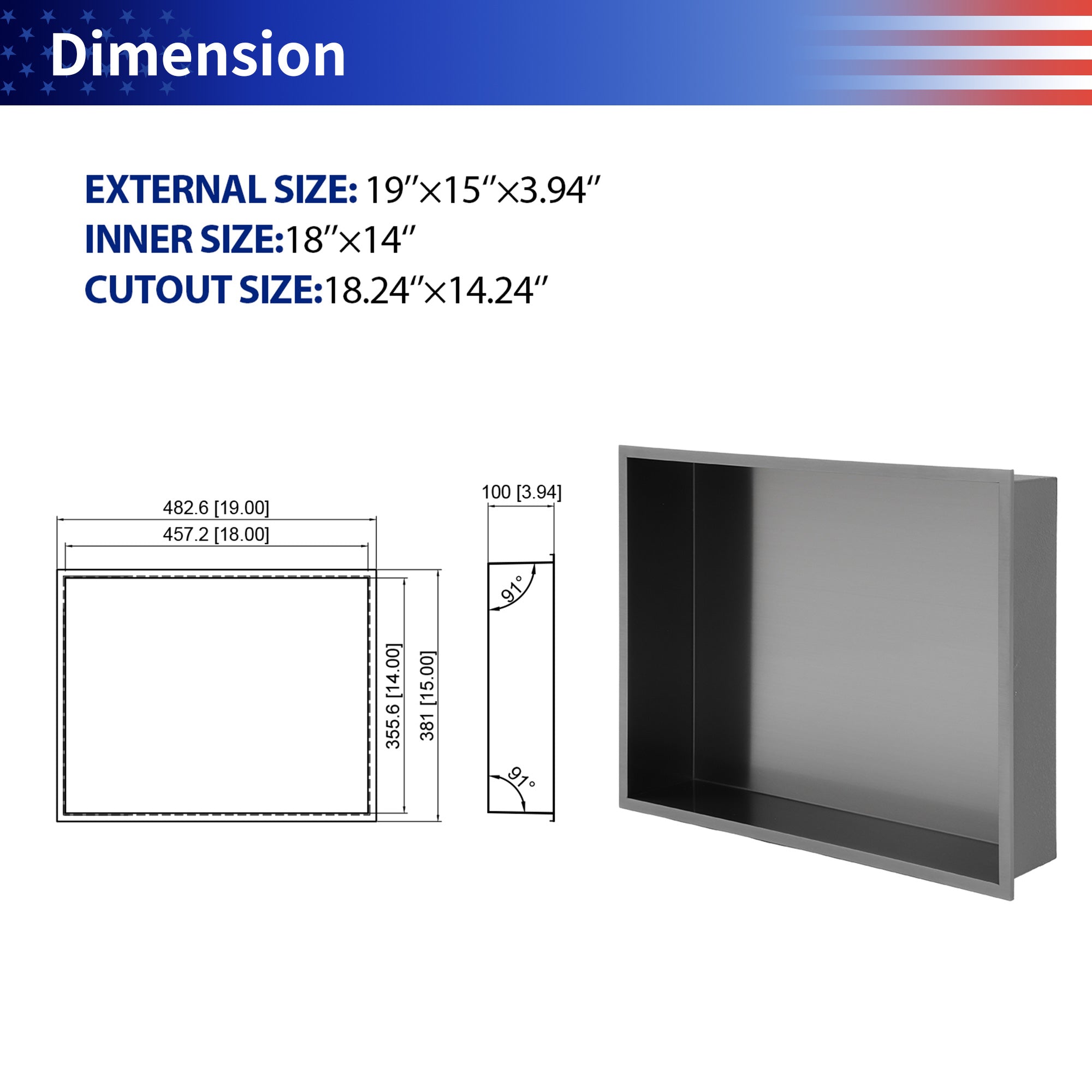 19" W × 15" H Stainless Steel Wall Niche Rectangular Recessed Shower Niche, No Tile Needed RX-SN07