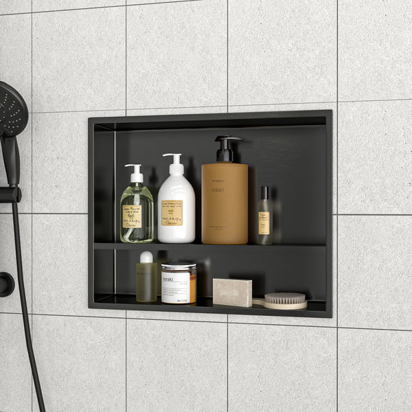 19" W × 15" H Stainless Steel Wall Niche Double Shelf Rectangular Recessed Shower Niche, No Tile Needed in Gunmetal Black RX-SN08