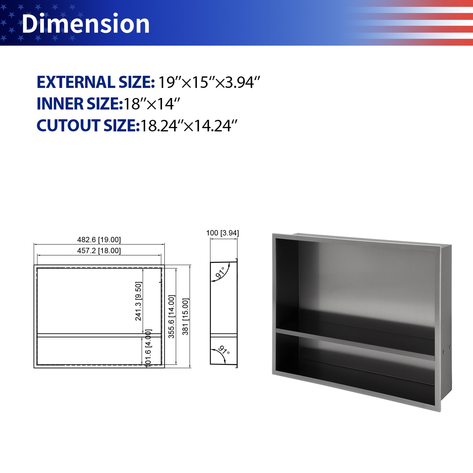 19" W × 15" H Stainless Steel Wall Niche Double Shelf Rectangular Recessed Shower Niche, No Tile Needed in Gunmetal Black RX-SN08