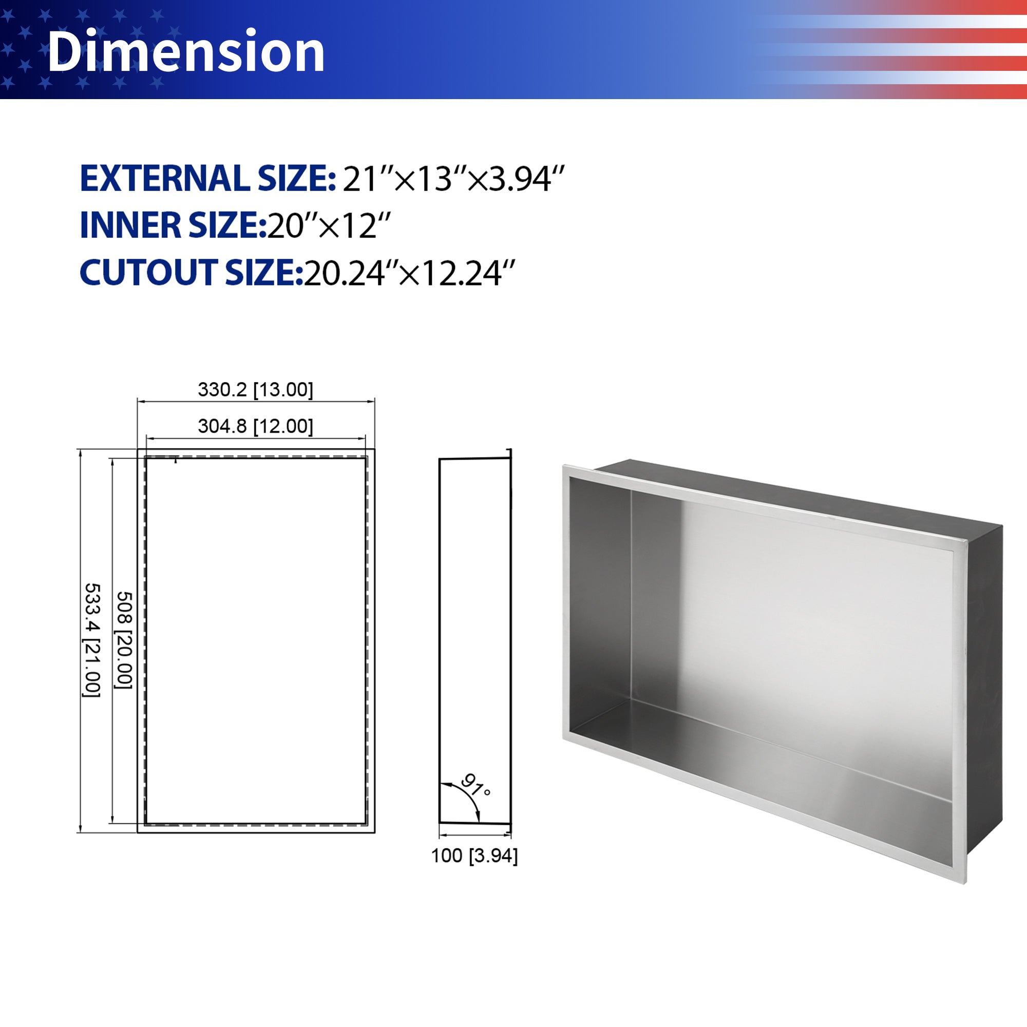 21" W × 13" H Stainless Steel Wall Niche Rectangular Recessed Shower Niche, No Tile Needed RX-SN09