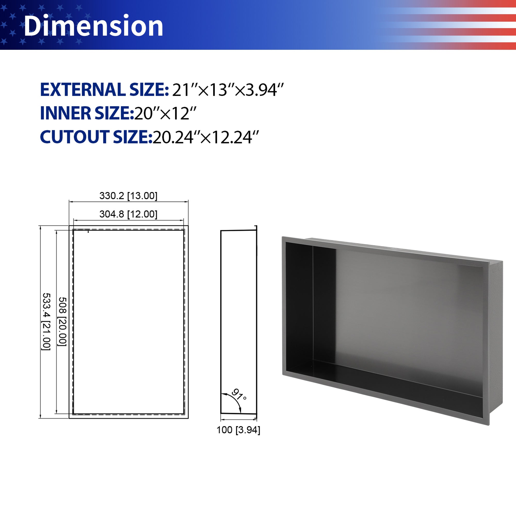 21" W × 13" H Stainless Steel Wall Niche Rectangular Recessed Shower Niche, No Tile Needed RX-SN09