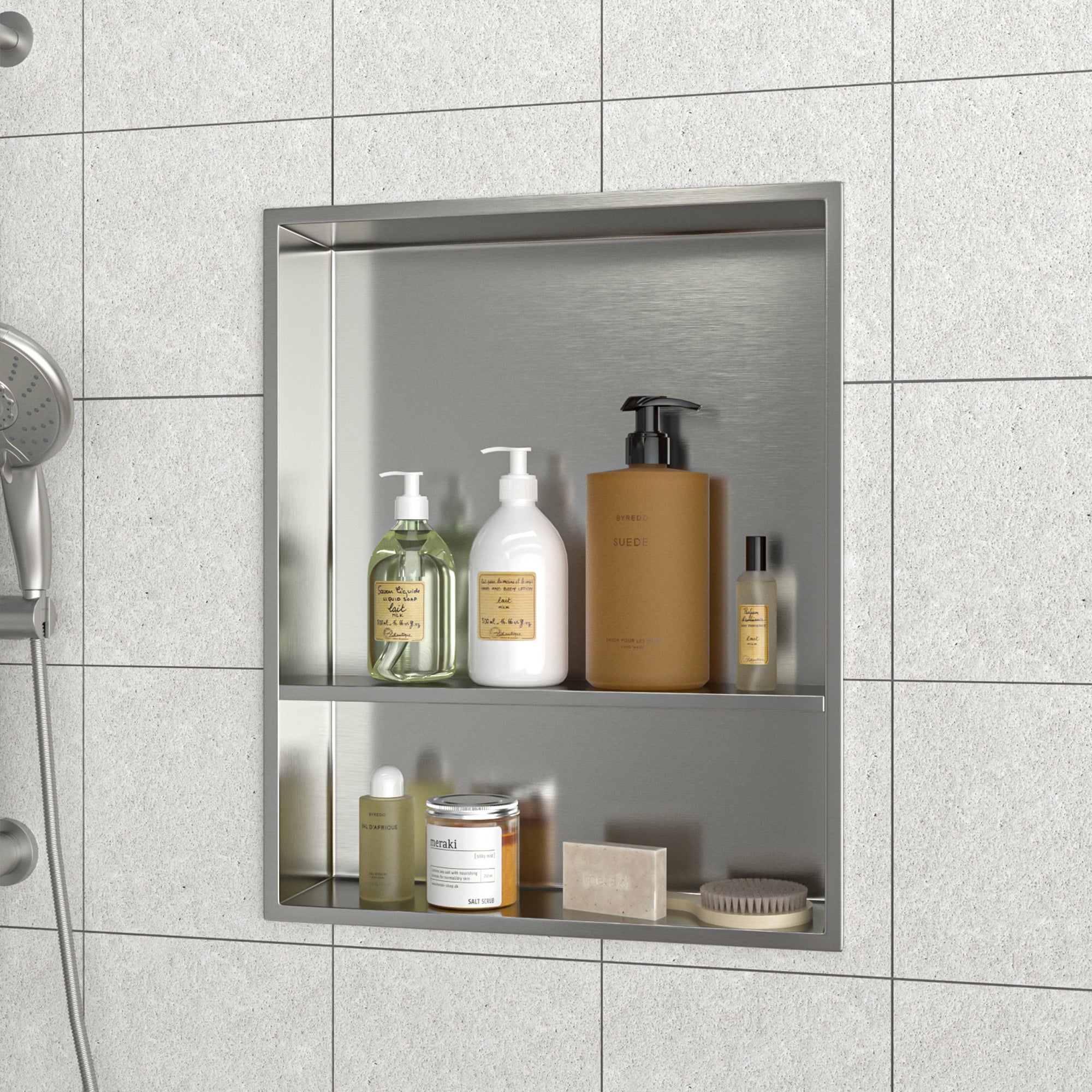 17" W × 21" H Stainless Steel Wall Niche Double Shelf Rectangular Recessed Shower Niche, No Tile Needed RX-SN10