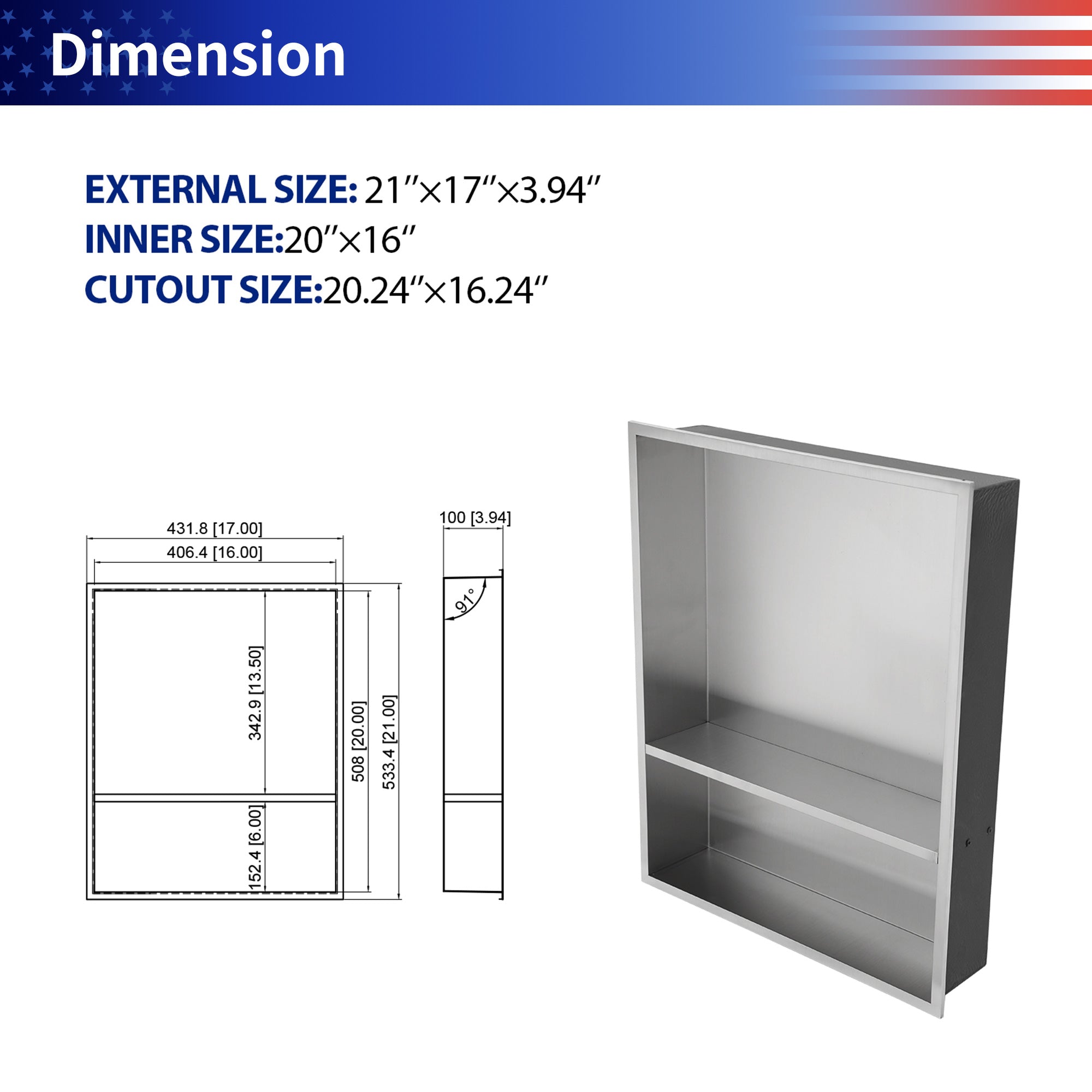 17" W × 21" H Stainless Steel Wall Niche Double Shelf Rectangular Recessed Shower Niche, No Tile Needed RX-SN10