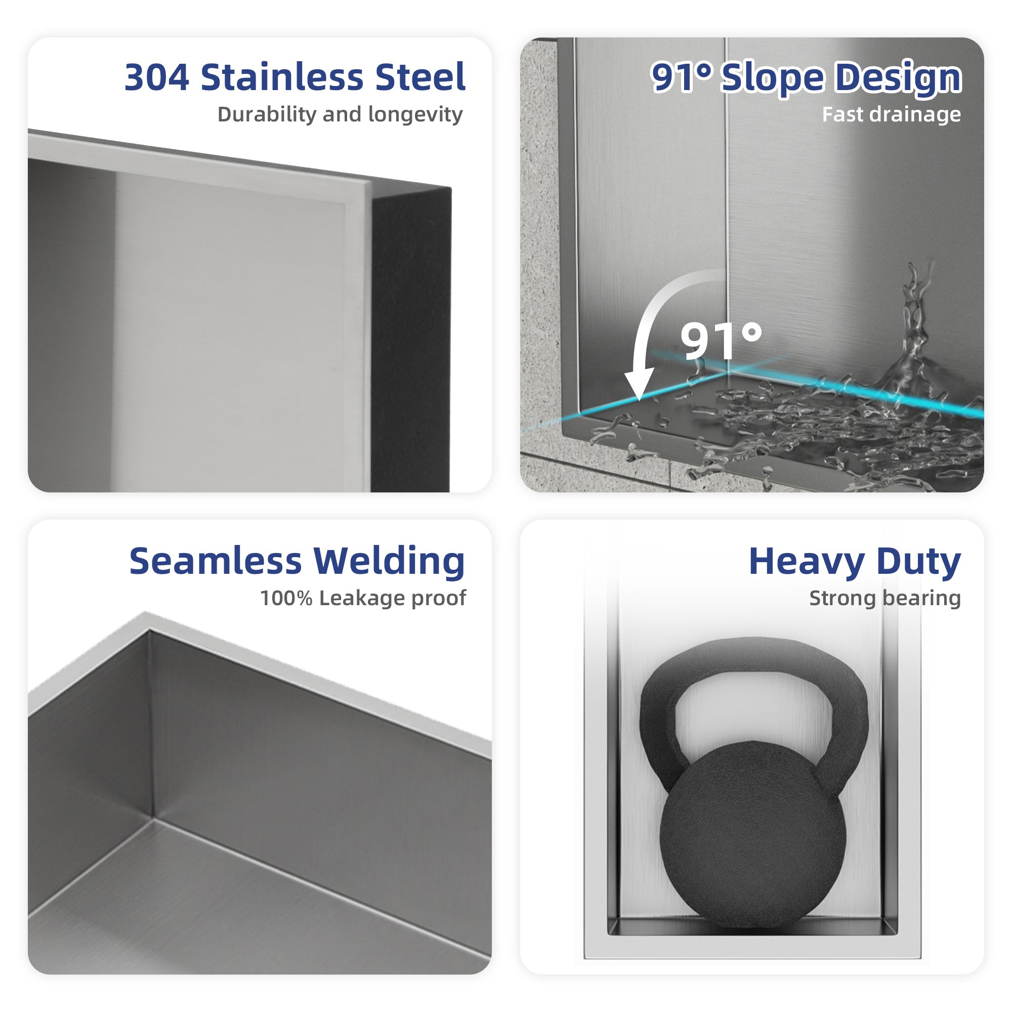 17" W × 21" H Stainless Steel Wall Niche Double Shelf Rectangular Recessed Shower Niche, No Tile Needed RX-SN10