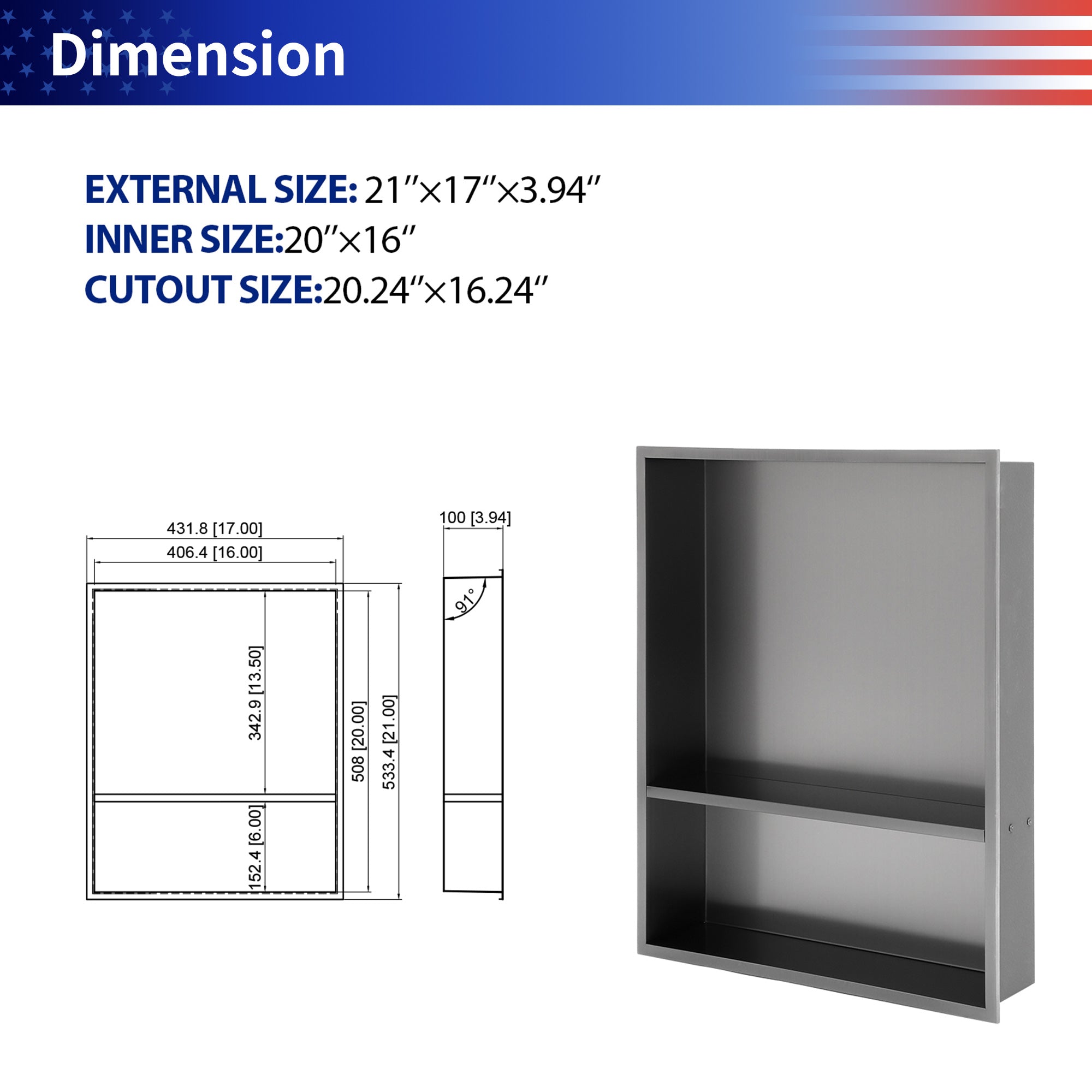 17" W × 21" H Stainless Steel Wall Niche Double Shelf Rectangular Recessed Shower Niche, No Tile Needed RX-SN10