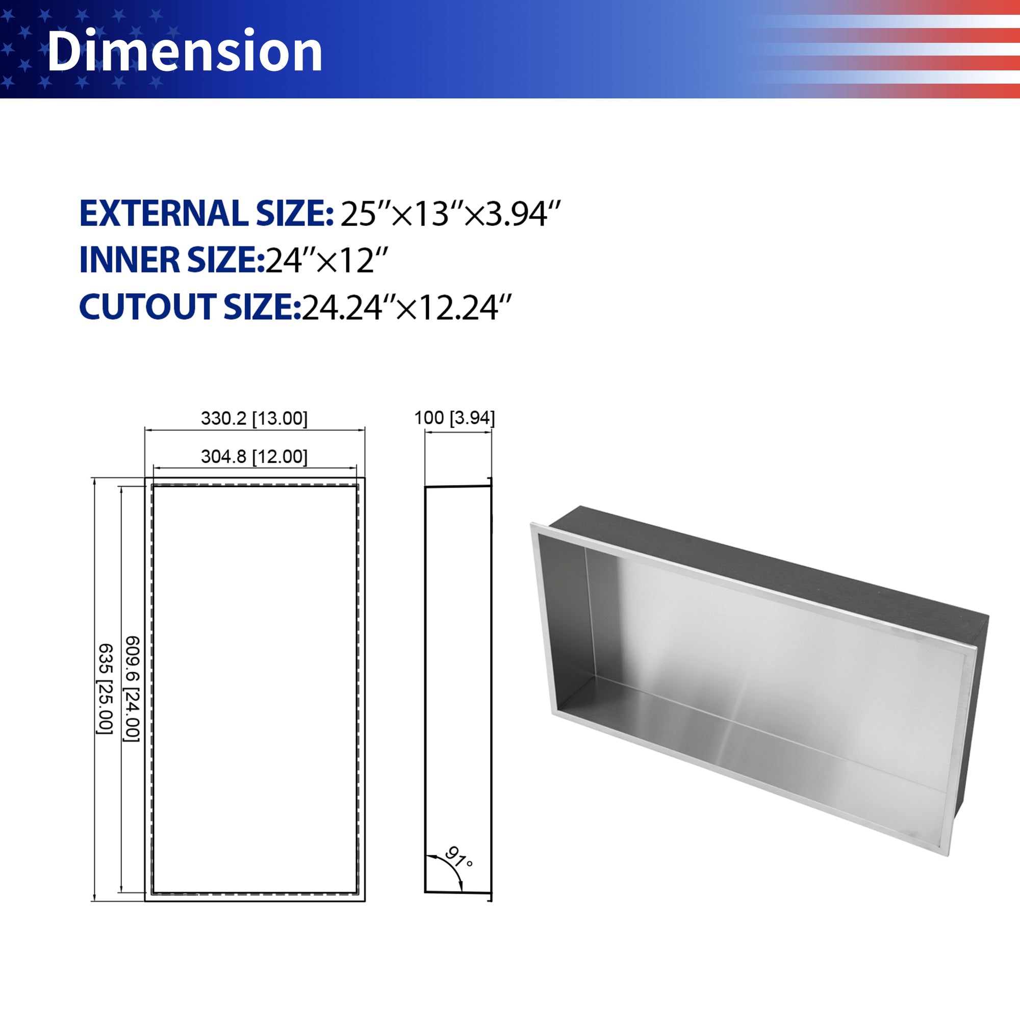 25" W × 13" H Stainless Steel Wall Niche Rectangular Recessed Shower Niche, No Tile Needed RX-SN11