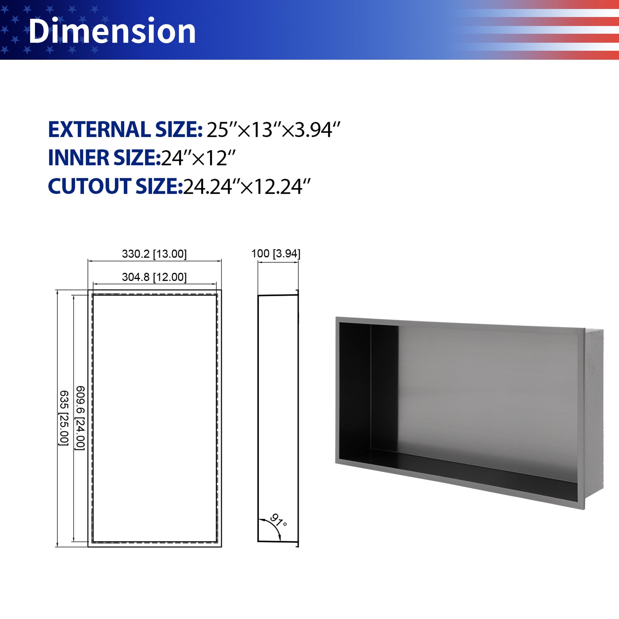 25" W × 13" H Stainless Steel Wall Niche Rectangular Recessed Shower Niche, No Tile Needed RX-SN11