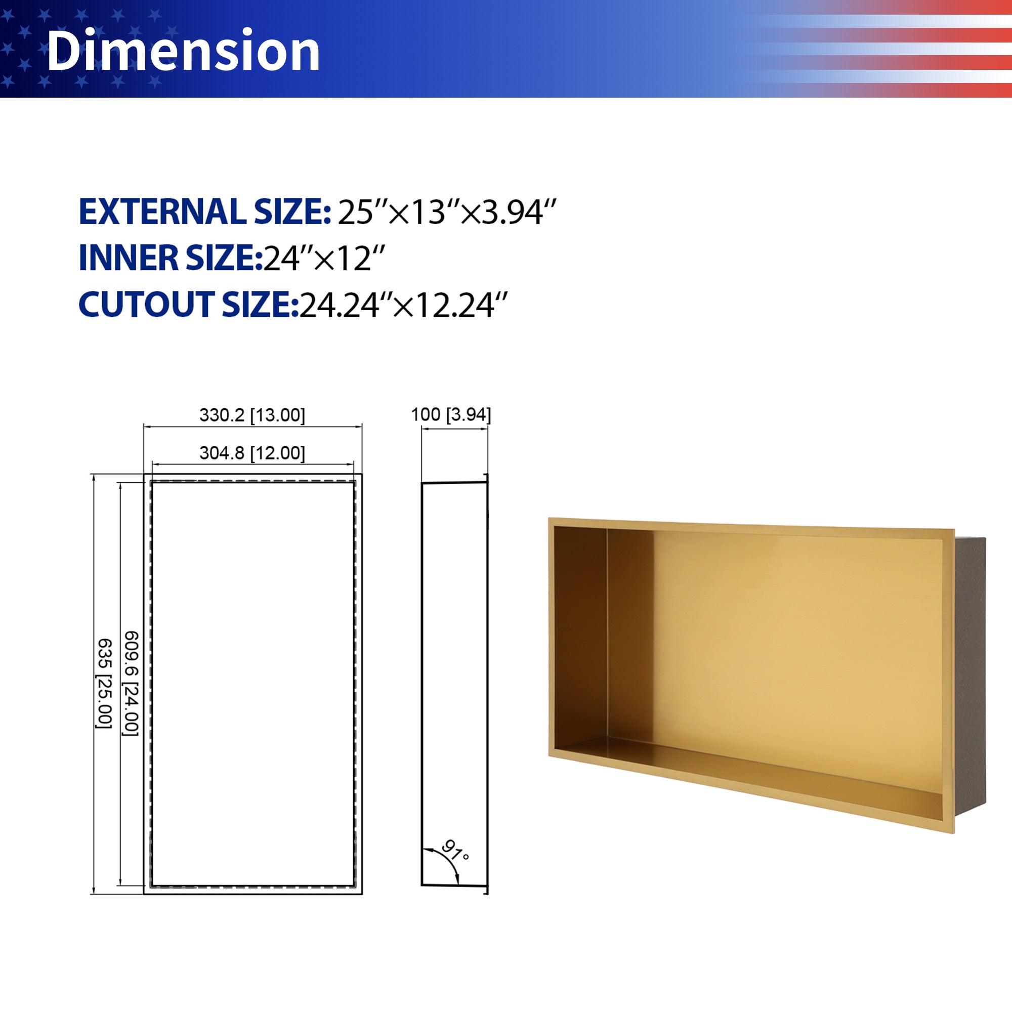 25" W × 13" H Stainless Steel Wall Niche Rectangular Recessed Shower Niche, No Tile Needed RX-SN11