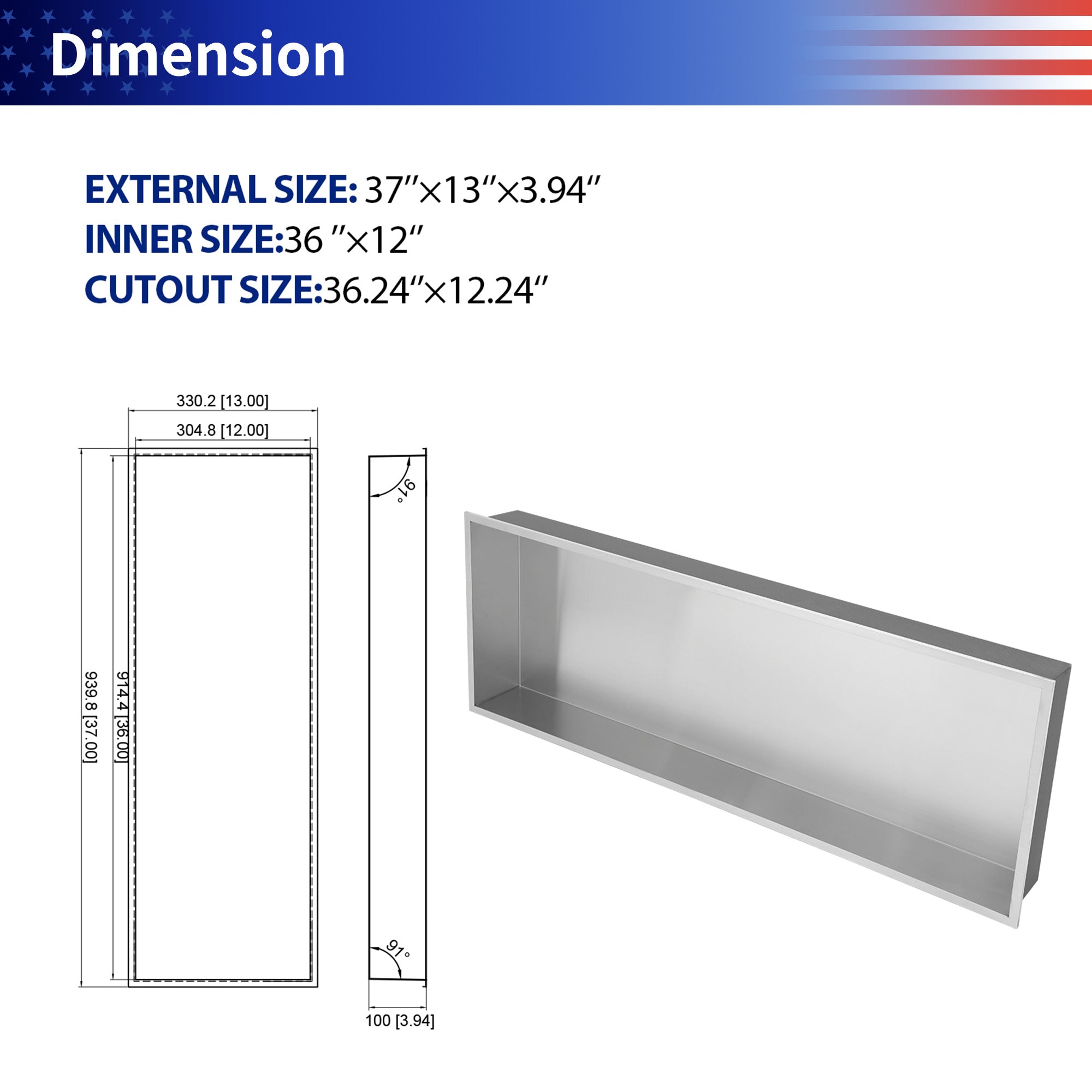 37" W × 13" H Stainless Steel Wall Niche Rectangular Recessed Shower Niche, No Tile Needed RX-SN12