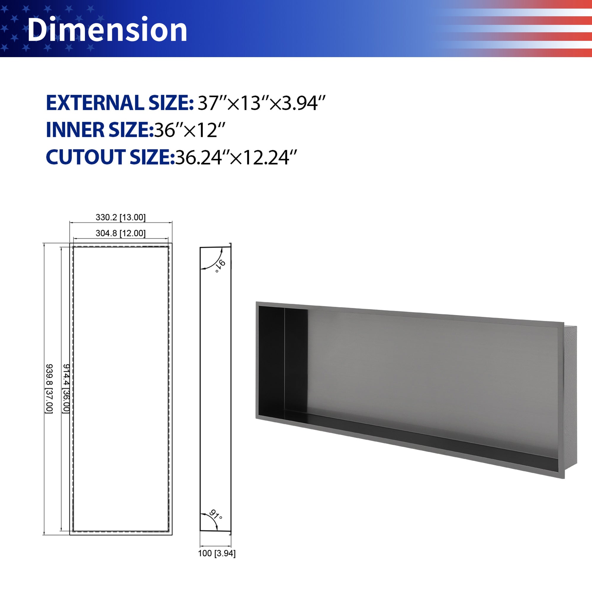 37" W × 13" H Stainless Steel Wall Niche Rectangular Recessed Shower Niche, No Tile Needed RX-SN12