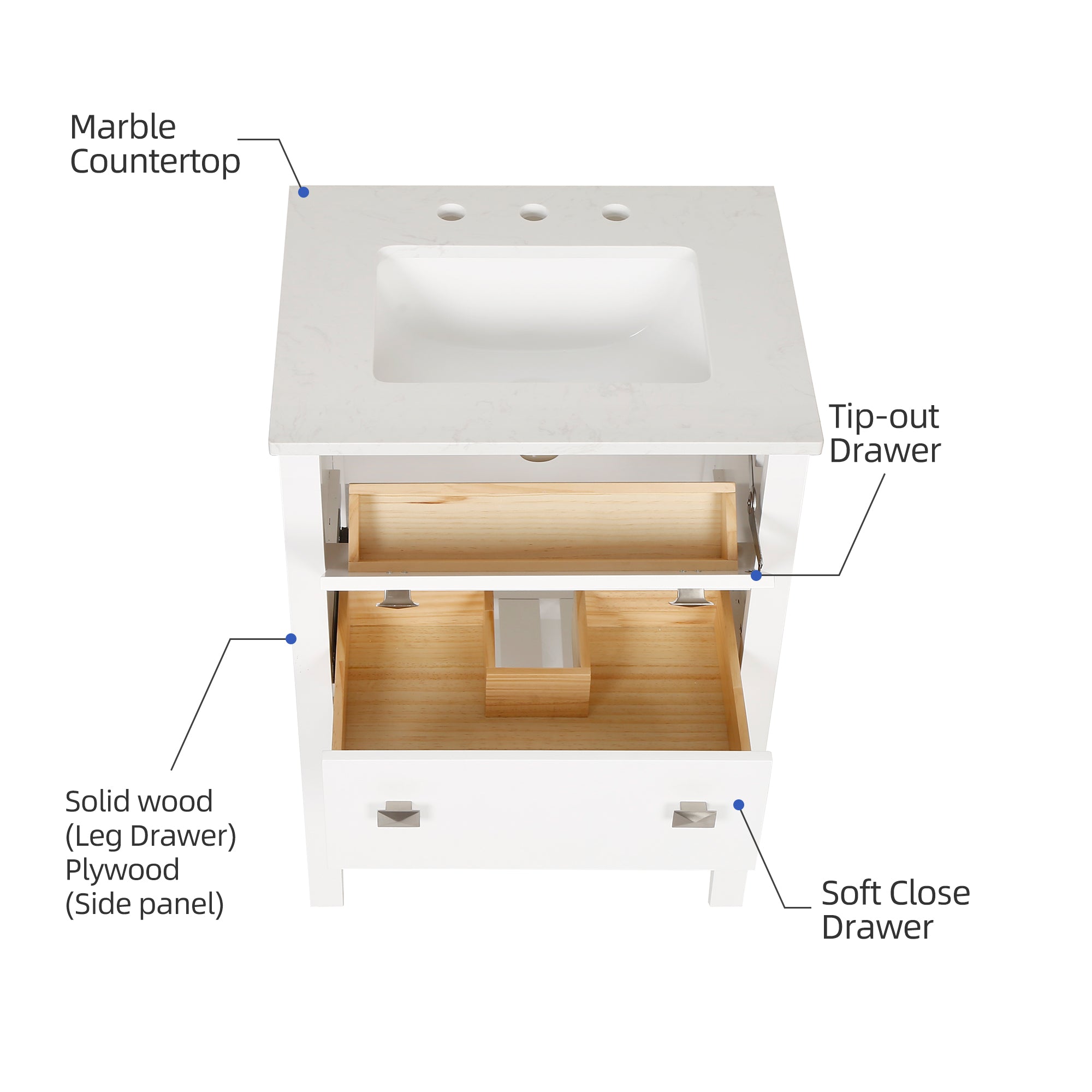 24" Free Standing Single Bathroom Vanity with Natural Marble Top RX-V01-24