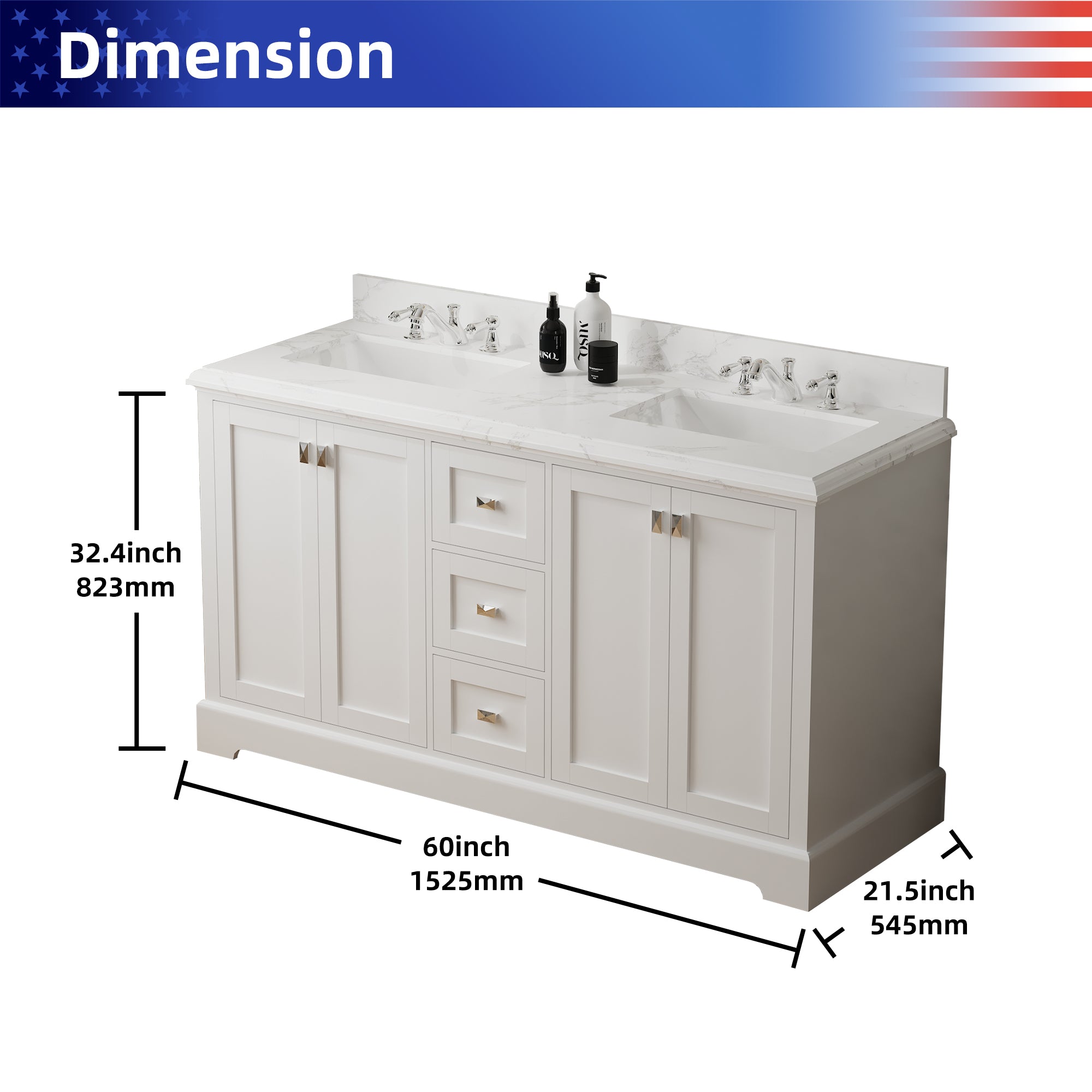 60" Free Standing Double Bathroom Vanity with Natural Marble Top RX-V02-60